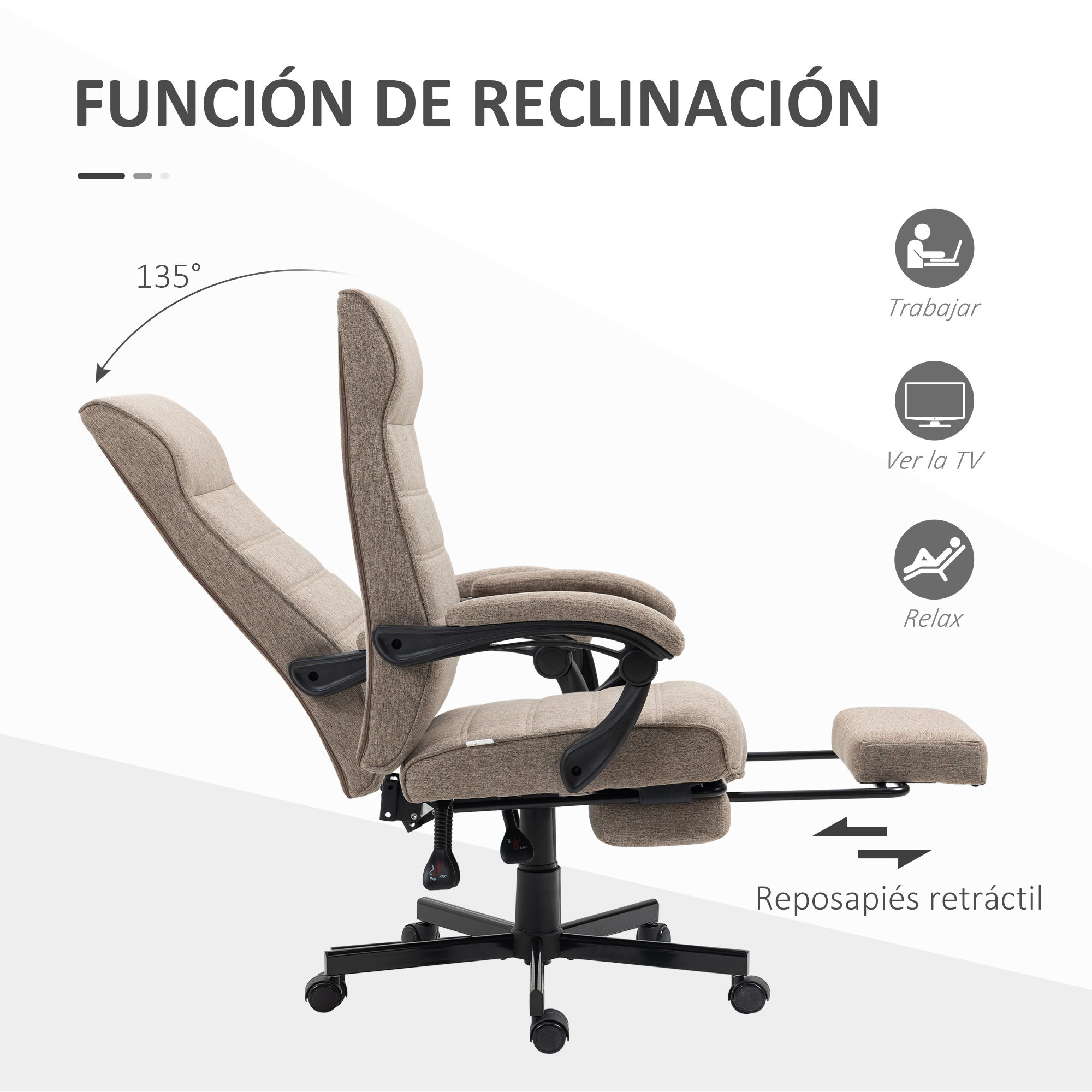 Silla de oficina reclinable con reposapiés. Opciones: trabajar, ver TV, relajarse. Tela beige, base negra.