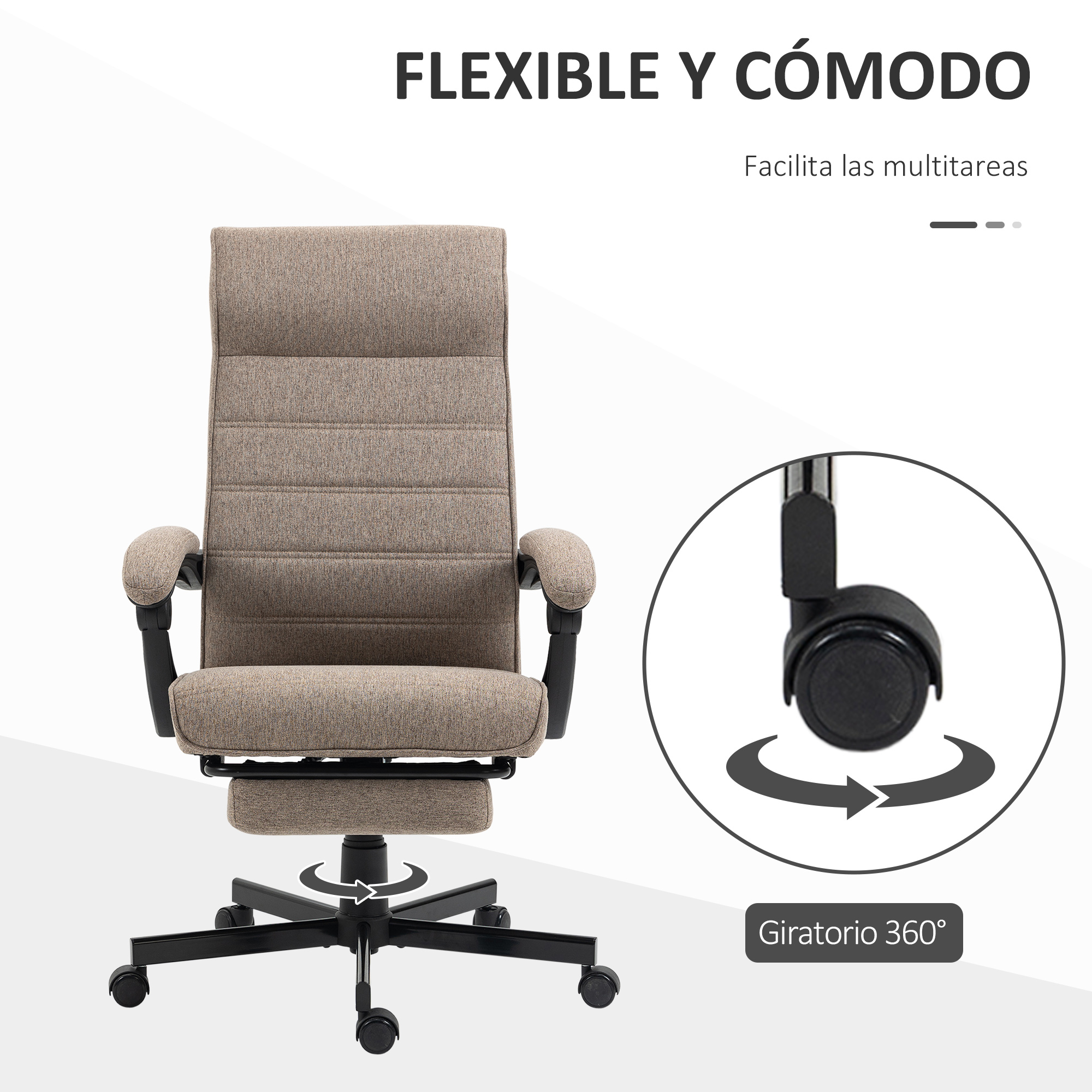 Silla de oficina ergonómica beige con reposapiés. Detalle de rueda en círculo.