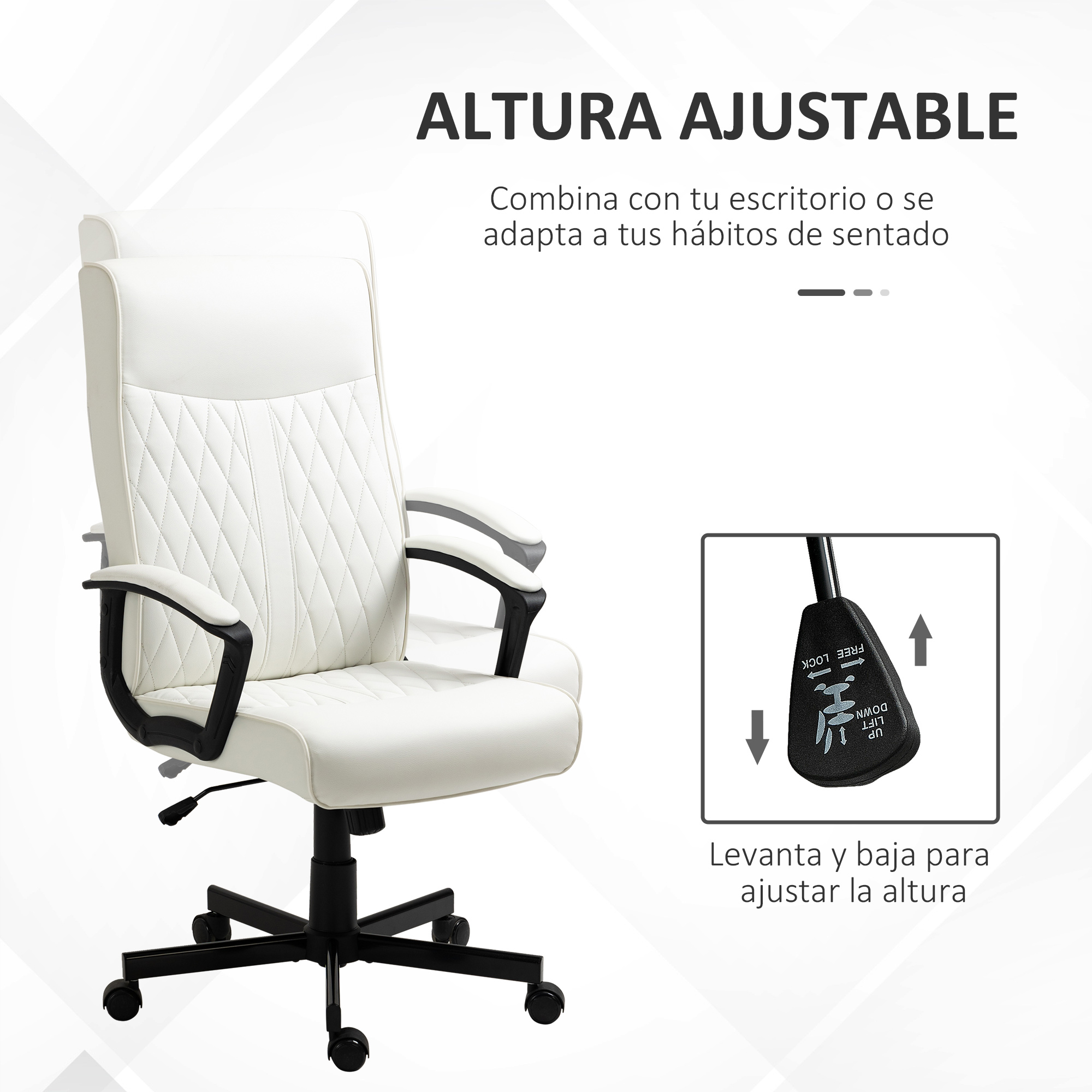 Silla de oficina blanca con detalles negros. Tiene respaldo alto y reposabrazos ajustables.