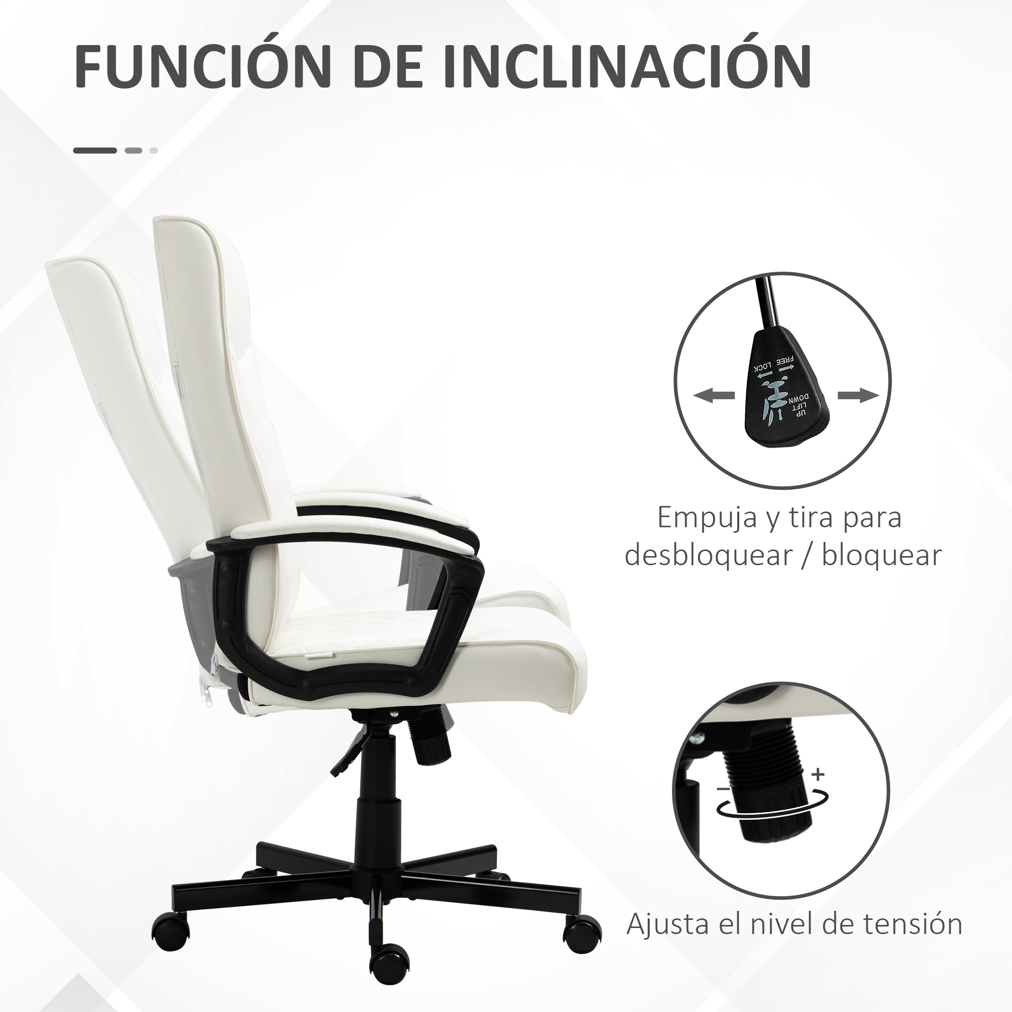 Una silla de oficina blanca, con detalles en negro y un diagrama que muestra la función de inclinación y el ajuste de tensión.