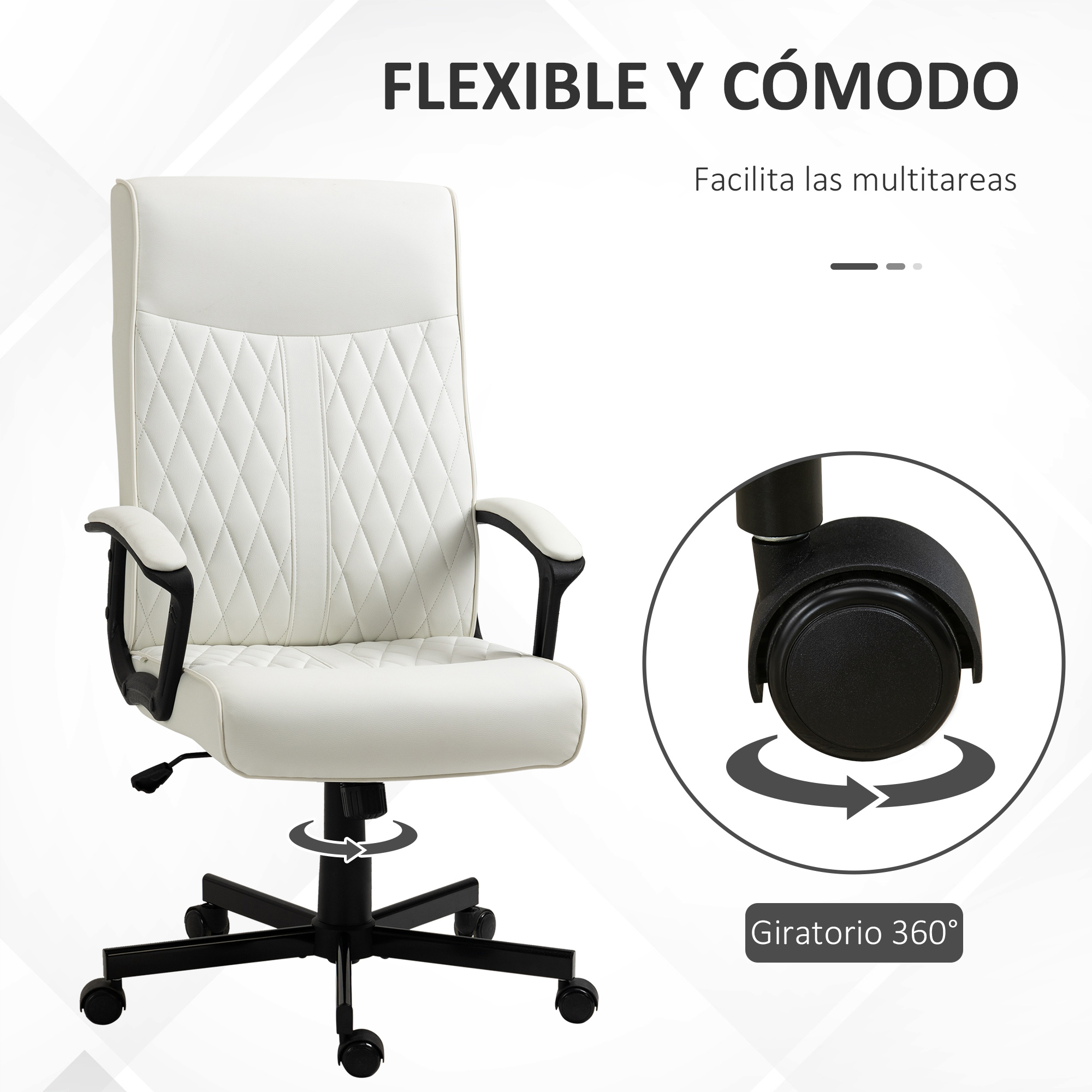 Silla de oficina blanca con reposabrazos negros y base rodante.