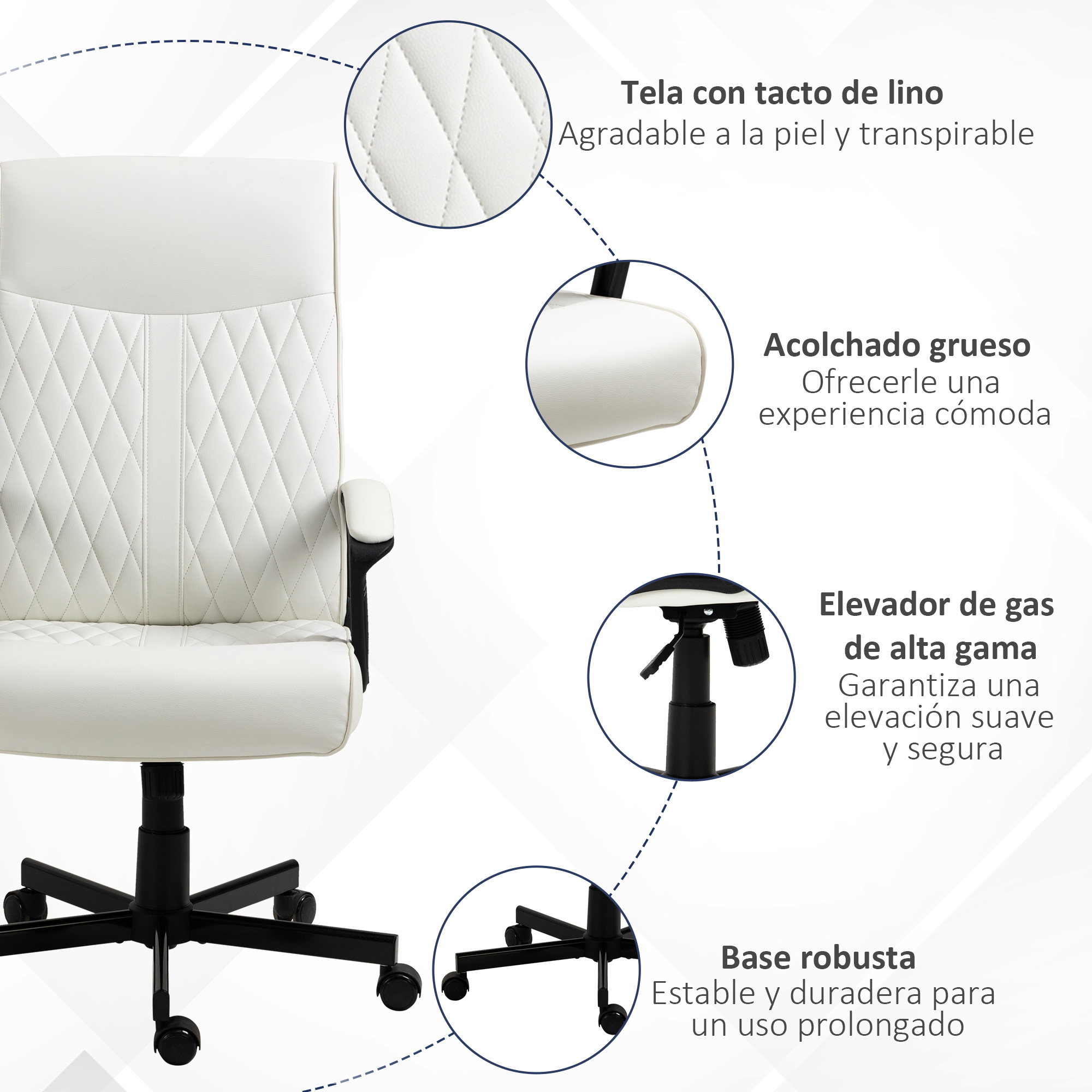 Silla de oficina blanca con detalles: tela lino, acolchado grueso, elevador gas, base robusta.