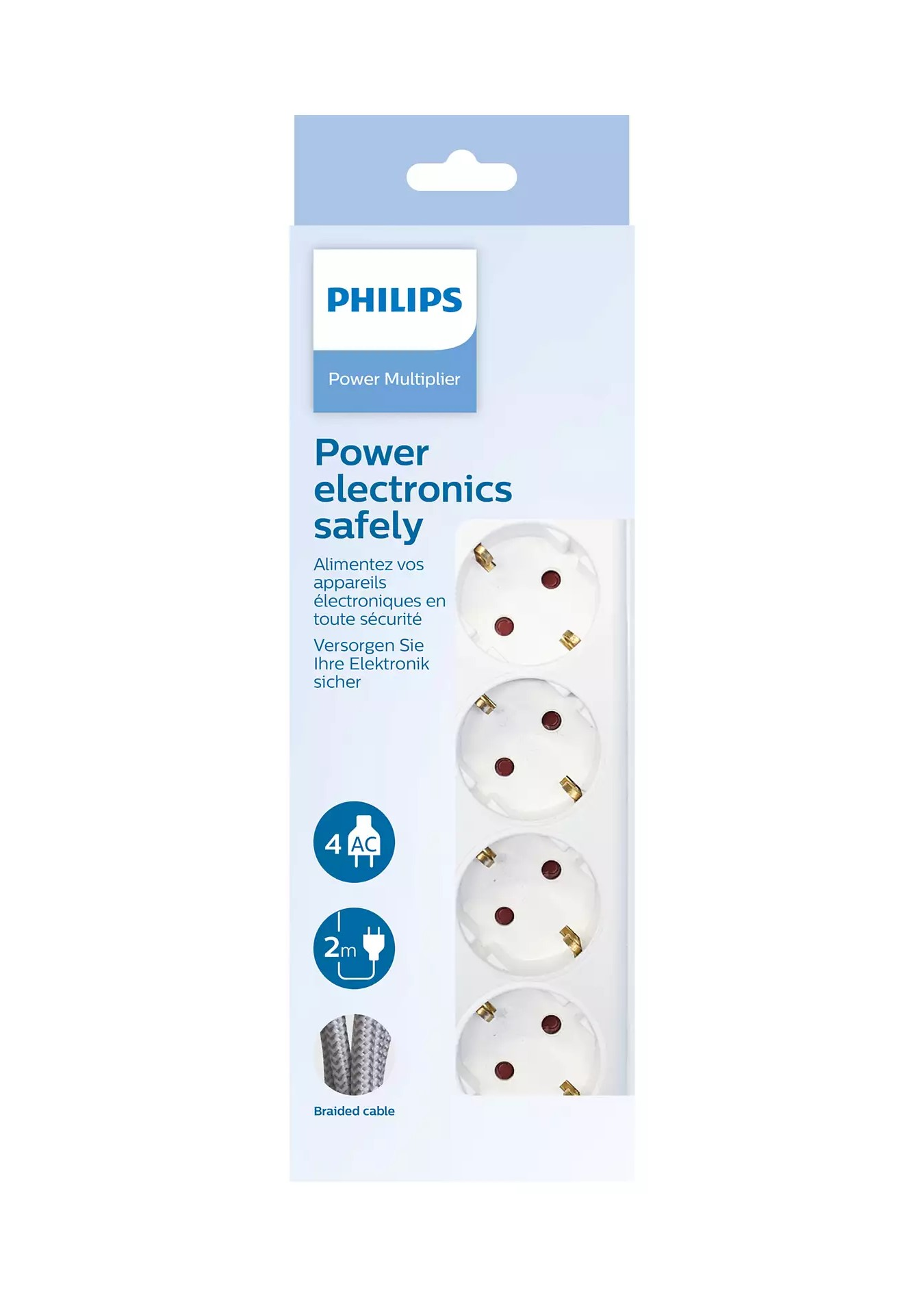 Una confezione di un moltiplicatore di potenza Philips. È bianca con testo e icone.