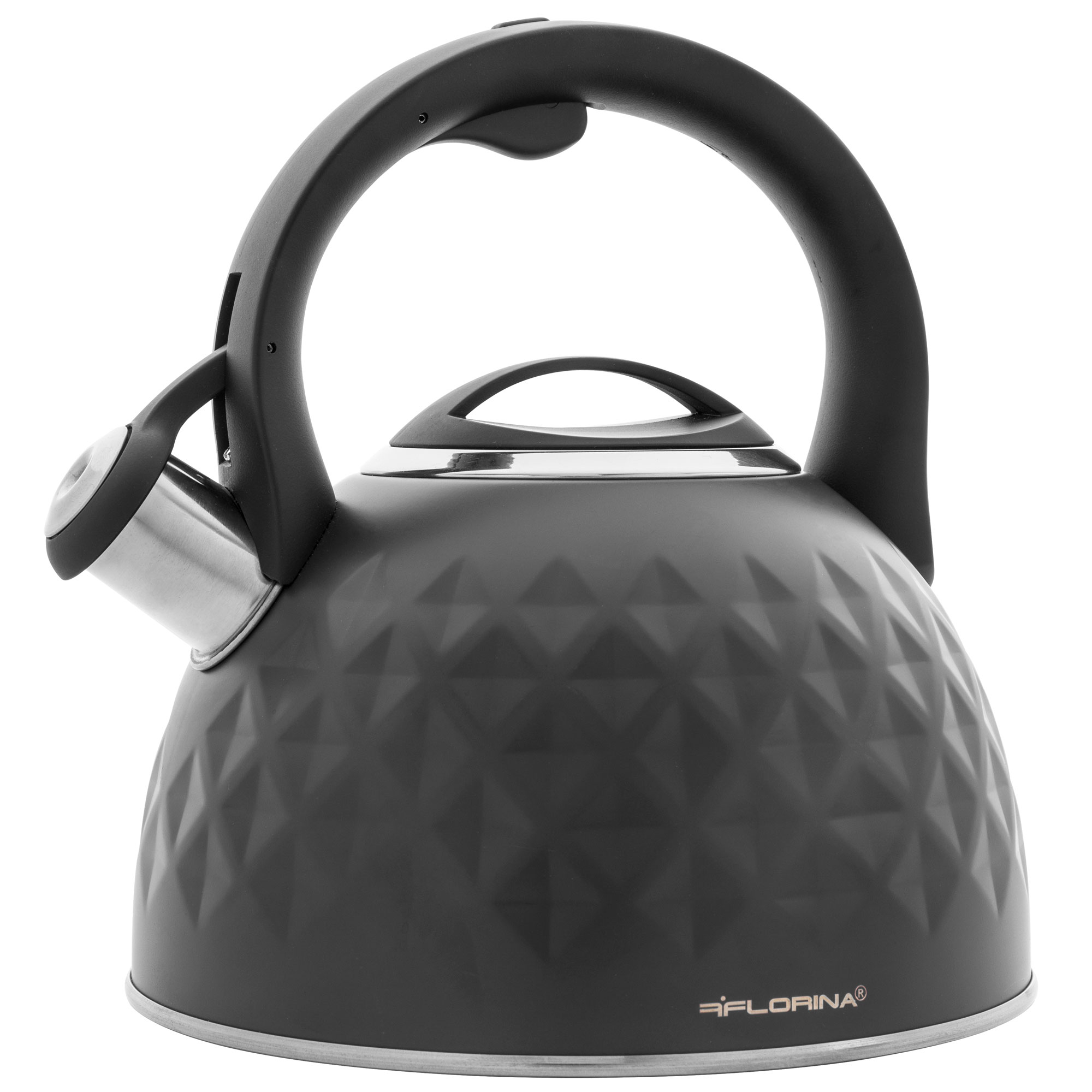 Hervidor negro con diseño estampado. Asa y boquilla negros. Fondo blanco.