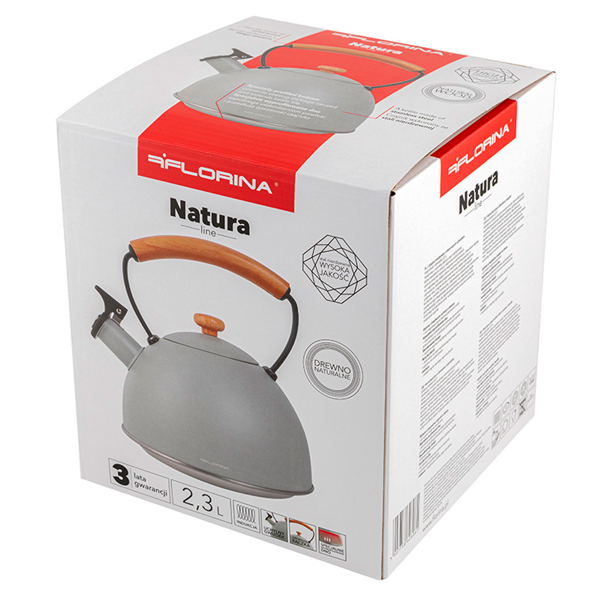 Un bollitore grigio nella sua scatola, con manico in legno e il marchio 'FLORINA' visibile.
