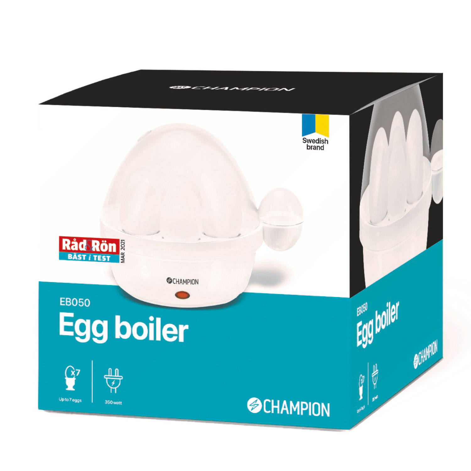 Verpackter weißer Eierkocher mit Ei-Bild und Text. Funktionen und Details.