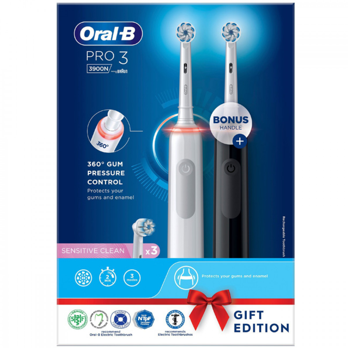 Black Elektrische Zahnbürste ORAL-B 3900N Pro3 Sens Weiß Zahnbürste + Schwarz, elektrische White