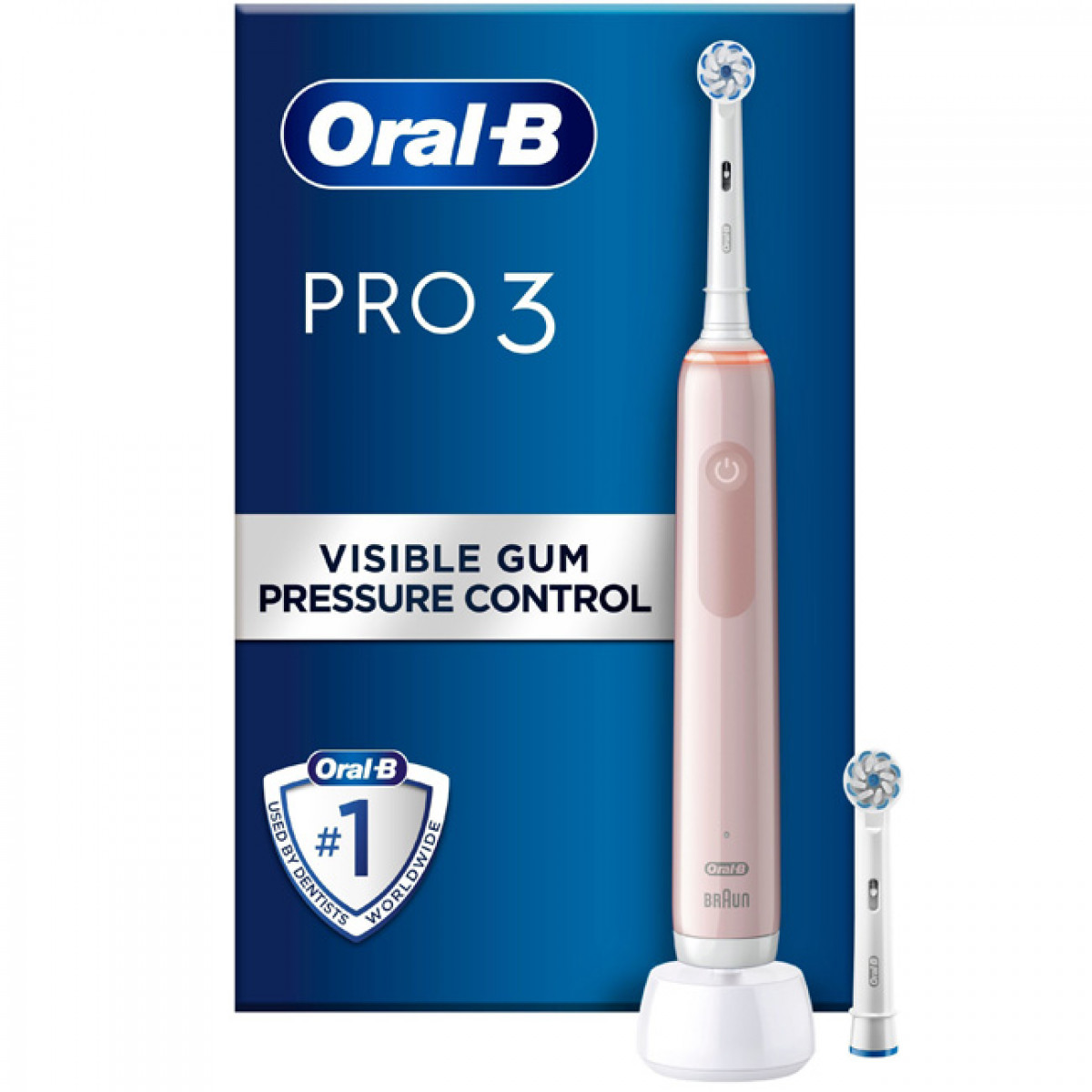 Cepillo de dientes eléctrico rosa Oral-B Pro 3 con cabezal de repuesto y soporte.