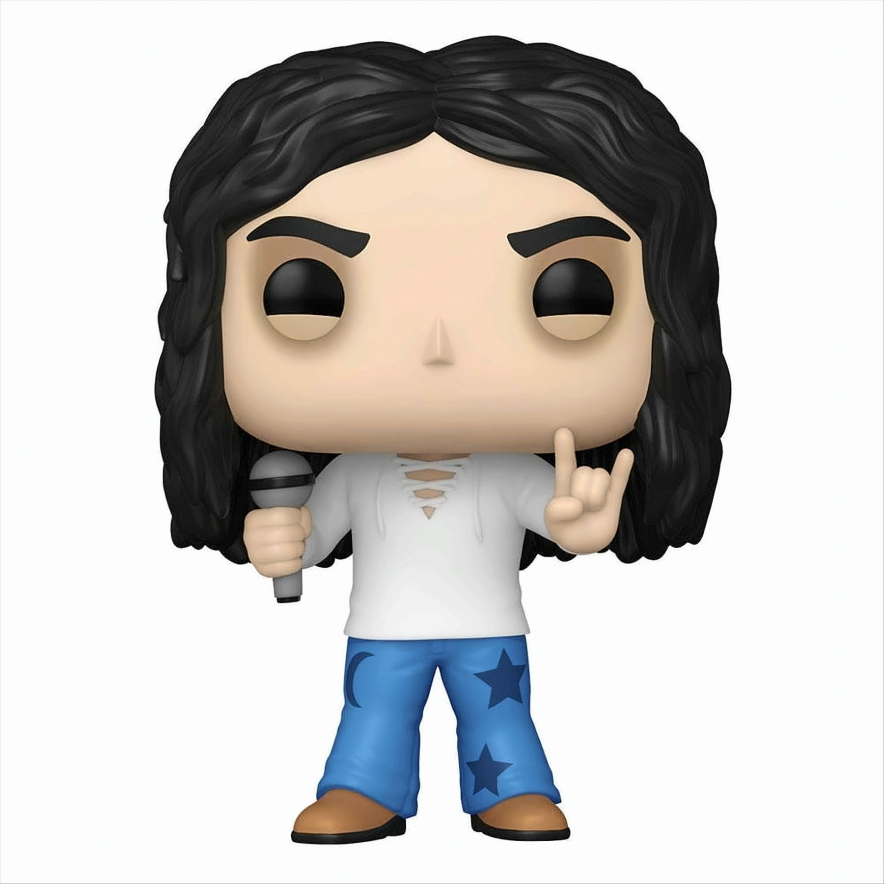 Funko Pop Figur eines Sängers mit schwarzen Haaren, weißem Hemd, blauer Jeans. Er hält ein Mikrofon und macht eine Rock-Handgeste.