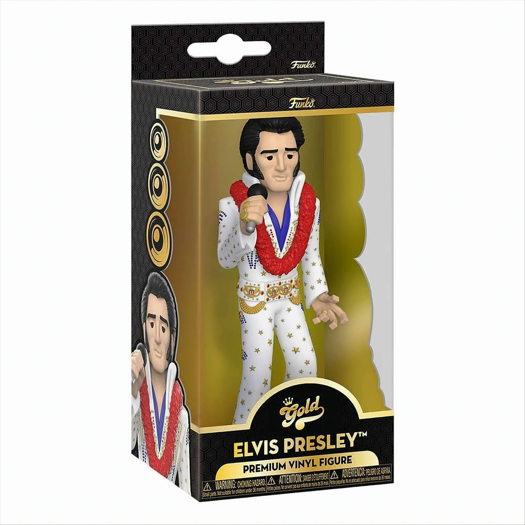 Elvis Presley Figur in einer Box. Er trägt einen weißen Anzug und hält ein Mikrofon.