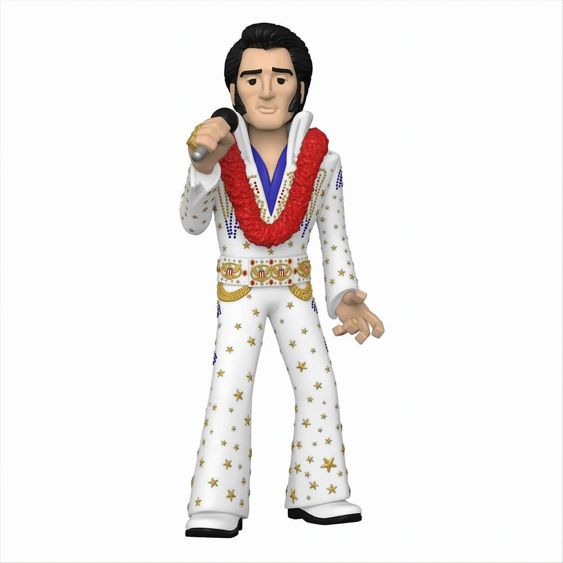 Elvis Presley Figur in einem weißen Overall mit Sternen, hält ein Mikrofon und ein rotes Lei.