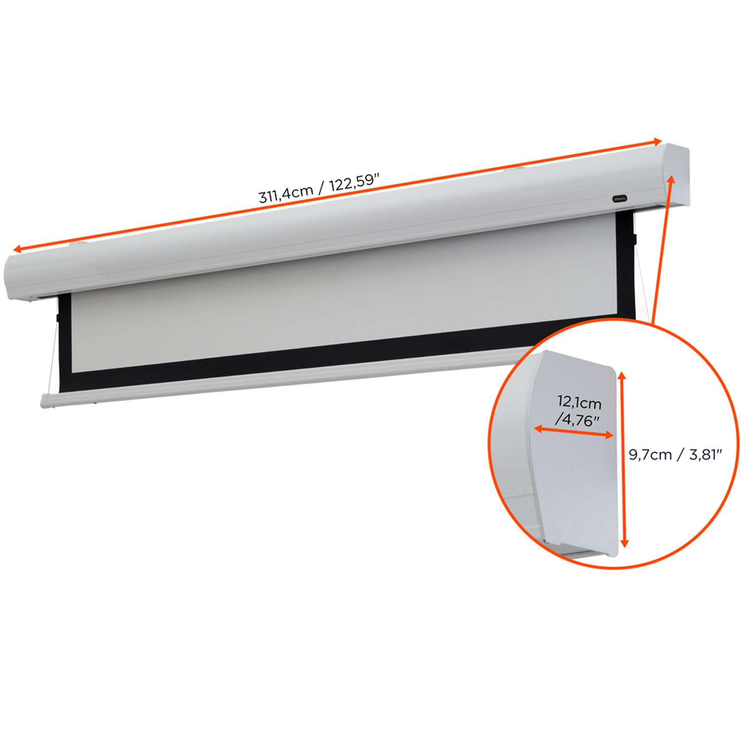 Weiße Projektorleinwand, an der Decke montiert, mit Abmessungen in cm und Zoll, mit Zoom.