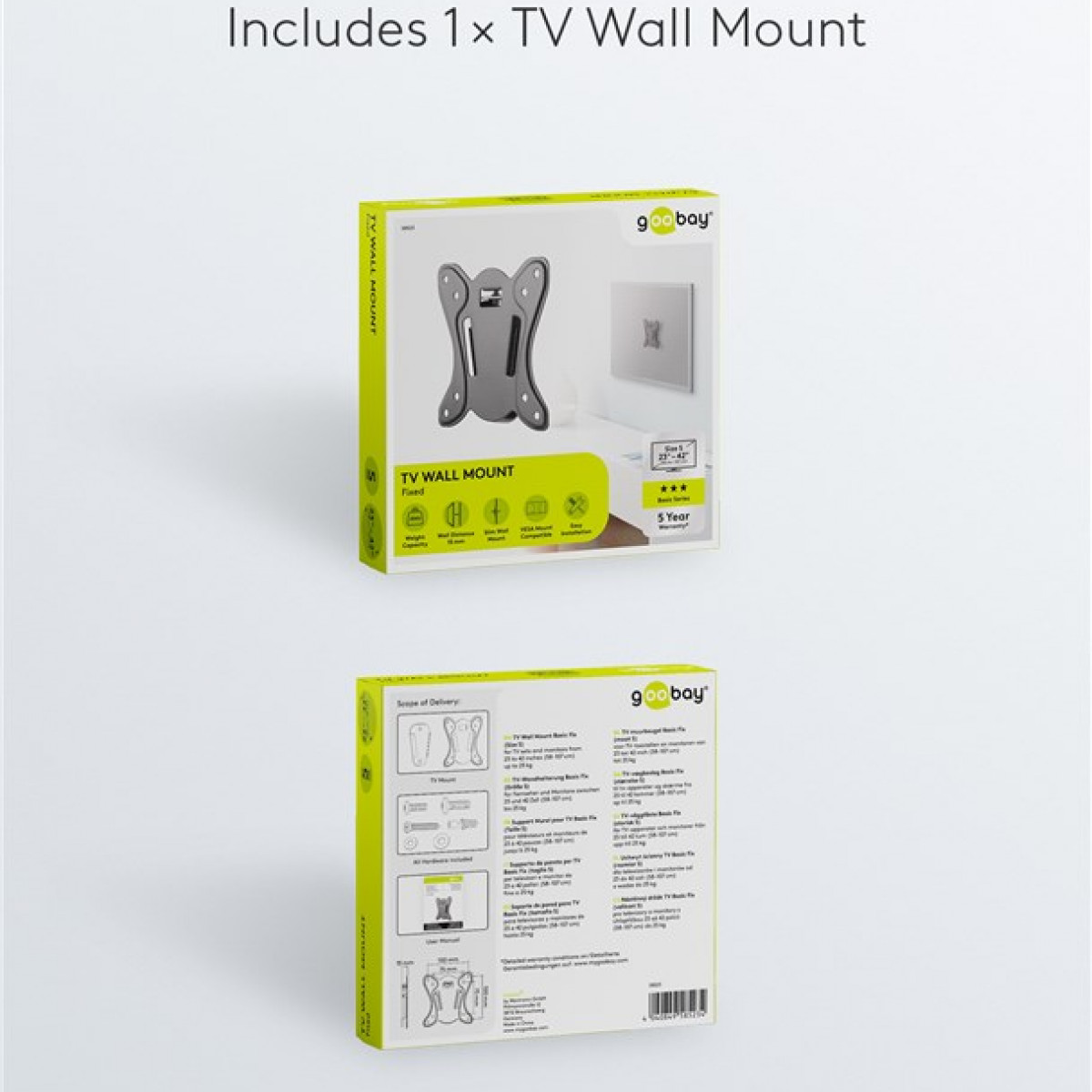 Zwei Kartons, einer mit einer TV-Wandhalterung und einer mit Produktdetails.