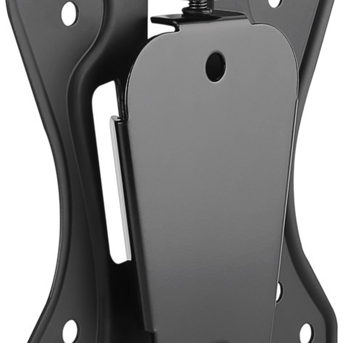 Schwarze Metall-Telefonhalterung. Hat mehrere Gelenke und eine Montageplatte.