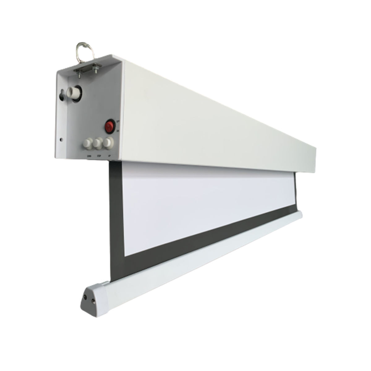 Wit projectiescherm met een grijze basis. Het scherm hangt.