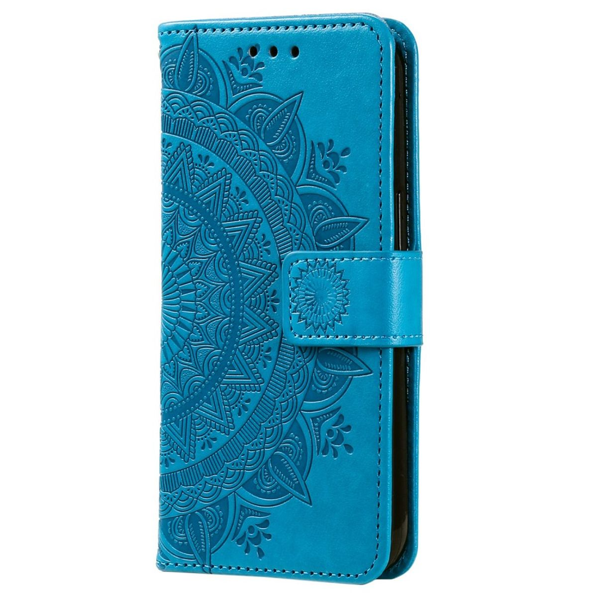 Blaue Handyhülle mit detailliertem Mandala-Design. Sie hat einen Riemen und einen Magnetverschluss.