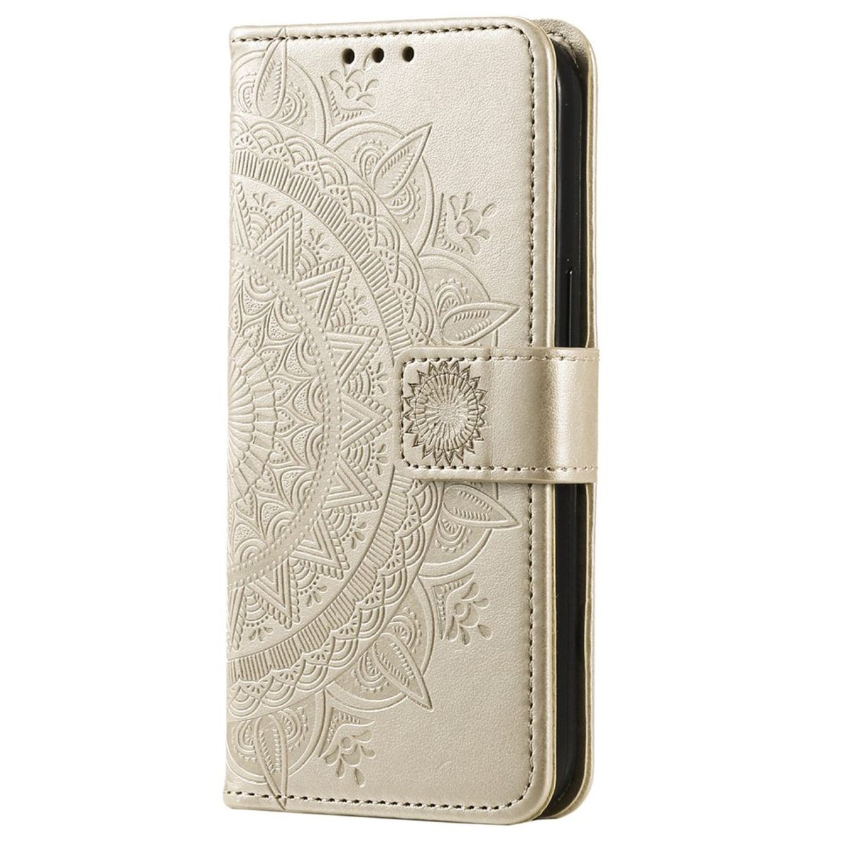 Goldene Handyhülle mit geprägtem Mandala-Design. Geschlossen, Seitenansicht.