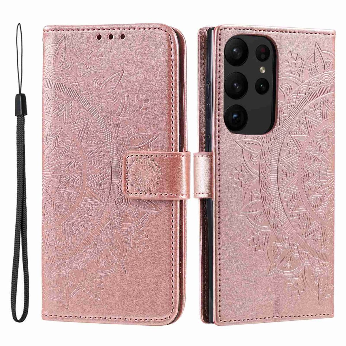 Rosafarbene Handyhülle mit Mandala-Design offen. Schwarzer Riemen. Telefon hat mehrere Kameras.