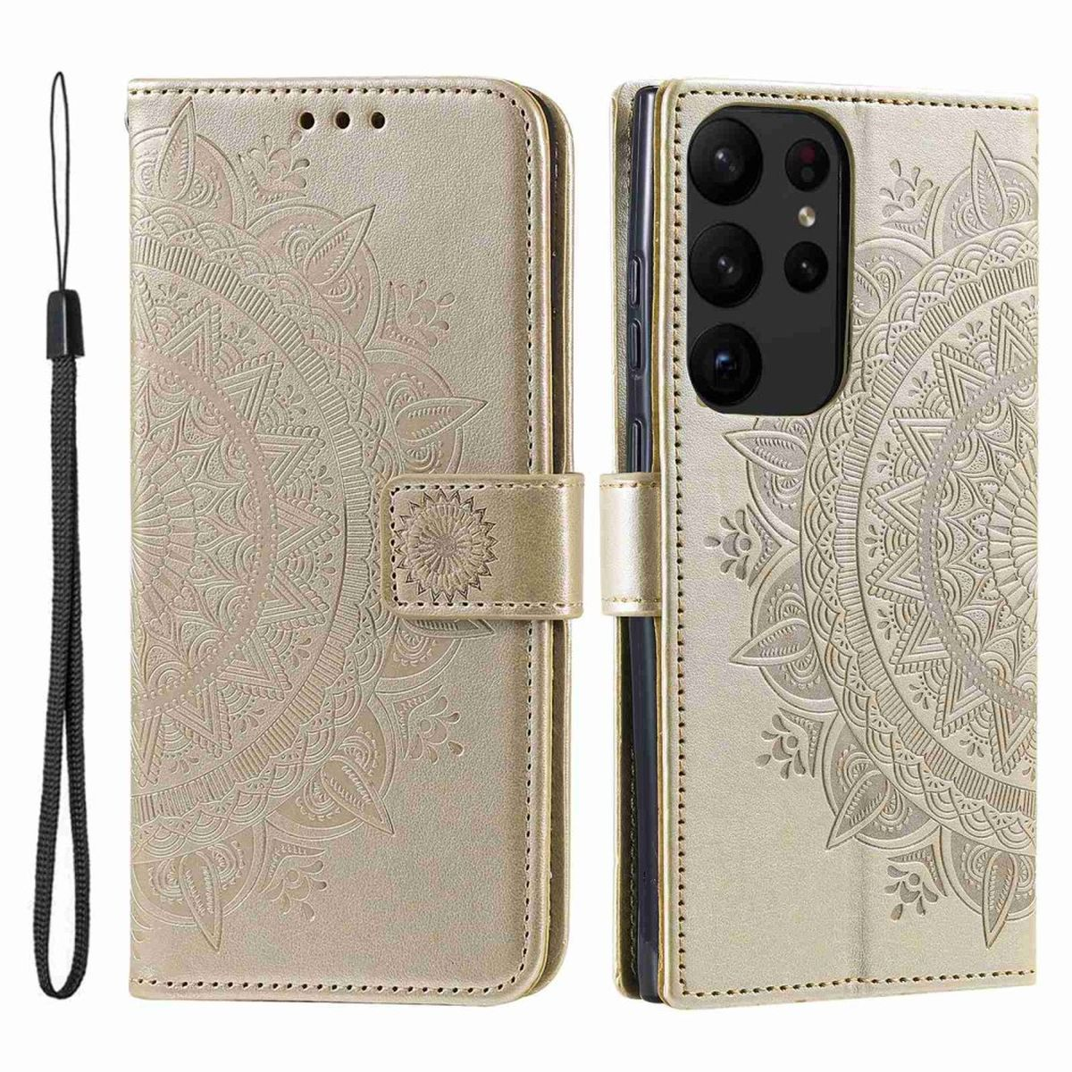 Goldene Handyhülle, geöffnet, um Telefon, Karten und Geld zu zeigen. Weißer Hintergrund.
