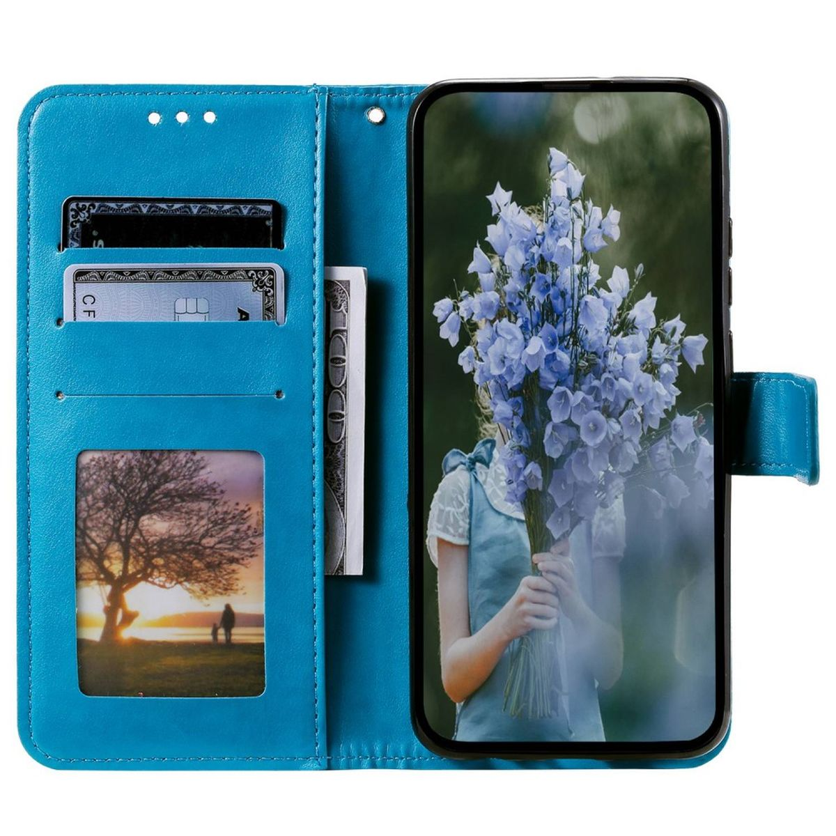 Eine blaue Handyhülle mit einem Telefon, das Blumen, Karten und Geld zeigt.
