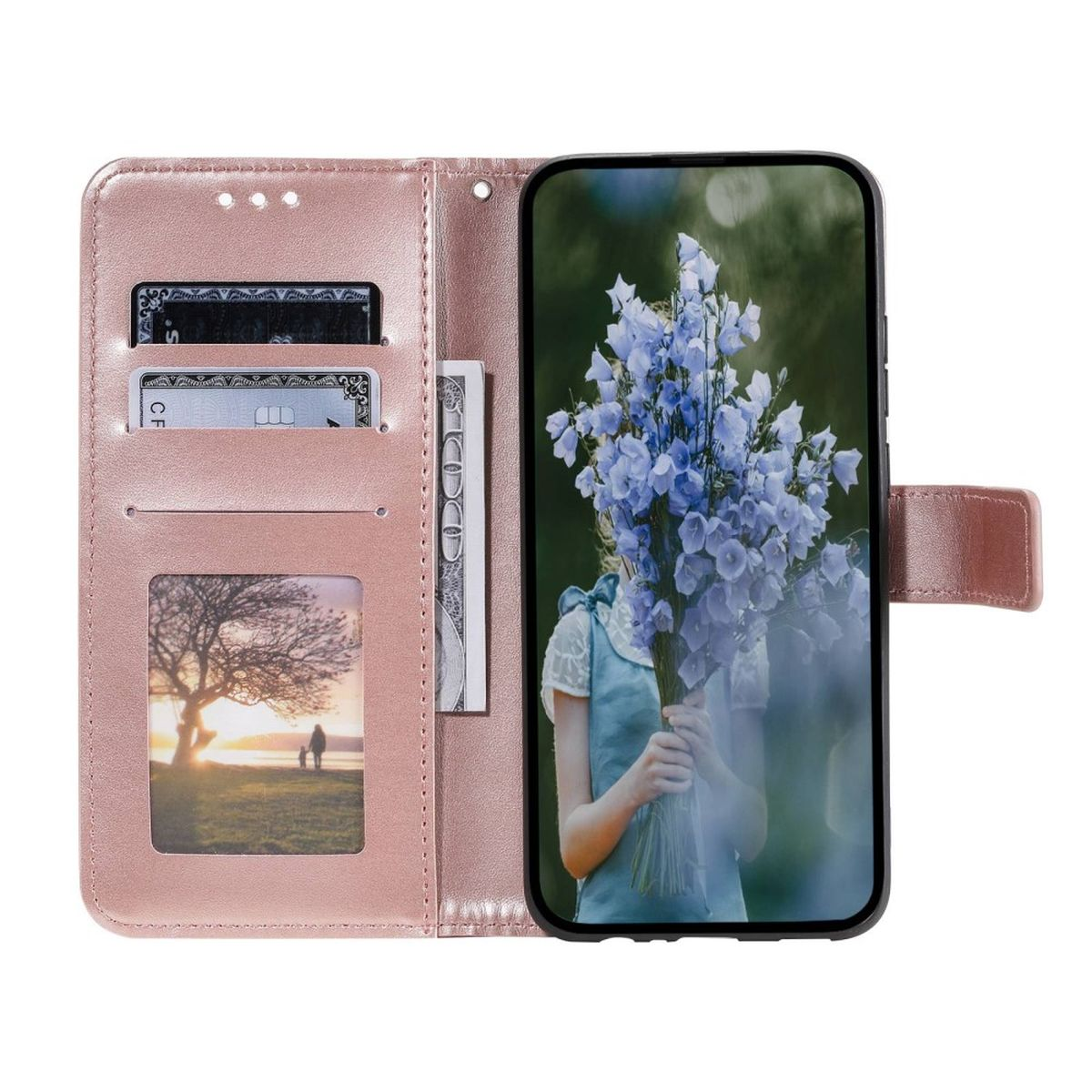 Eine rosa Handyhülle mit einem Telefon, das Blumen, Kreditkarten und Geld zeigt.