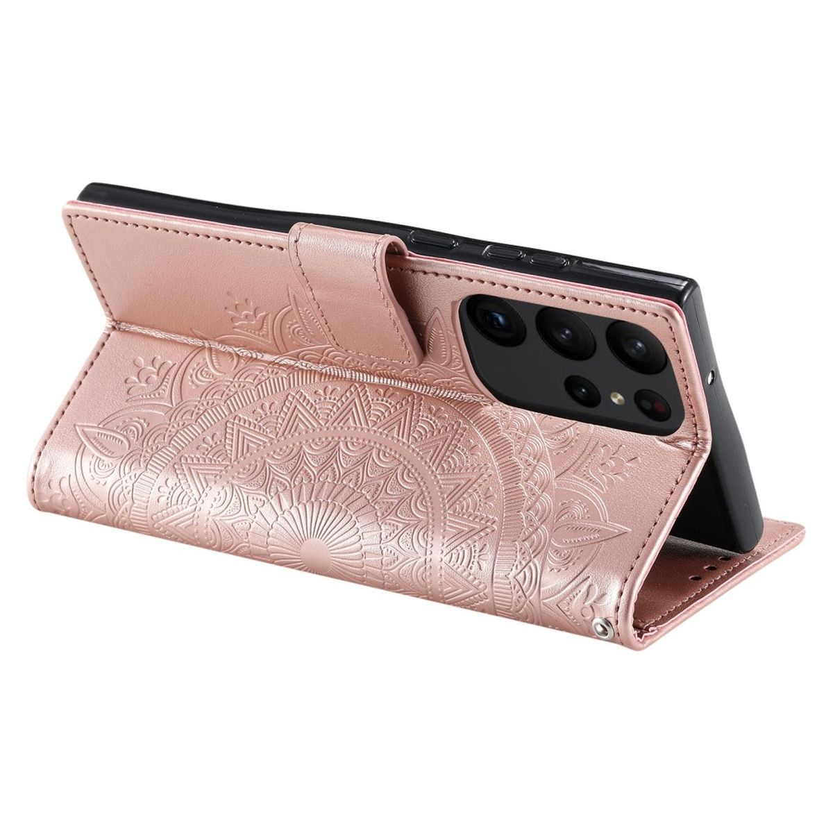 Rosa Handyhülle mit Mandala-Design, Telefon befindet sich in der Hülle. Offene Hülle, die die Innenseite zeigt.