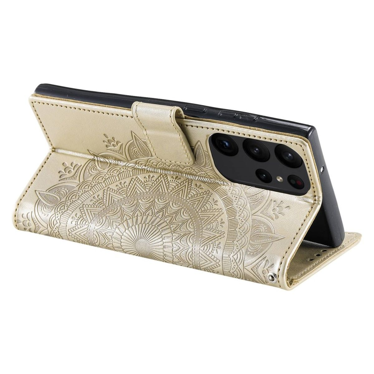 Eine goldene Handyhülle offen, die ein Telefon zeigt. Die Hülle hat ein kompliziertes Design.