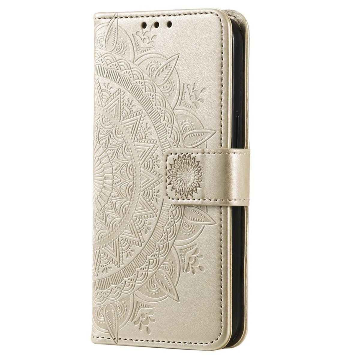 Goldene Telefonhülle mit geprägtem Blumendesign, geschlossen.