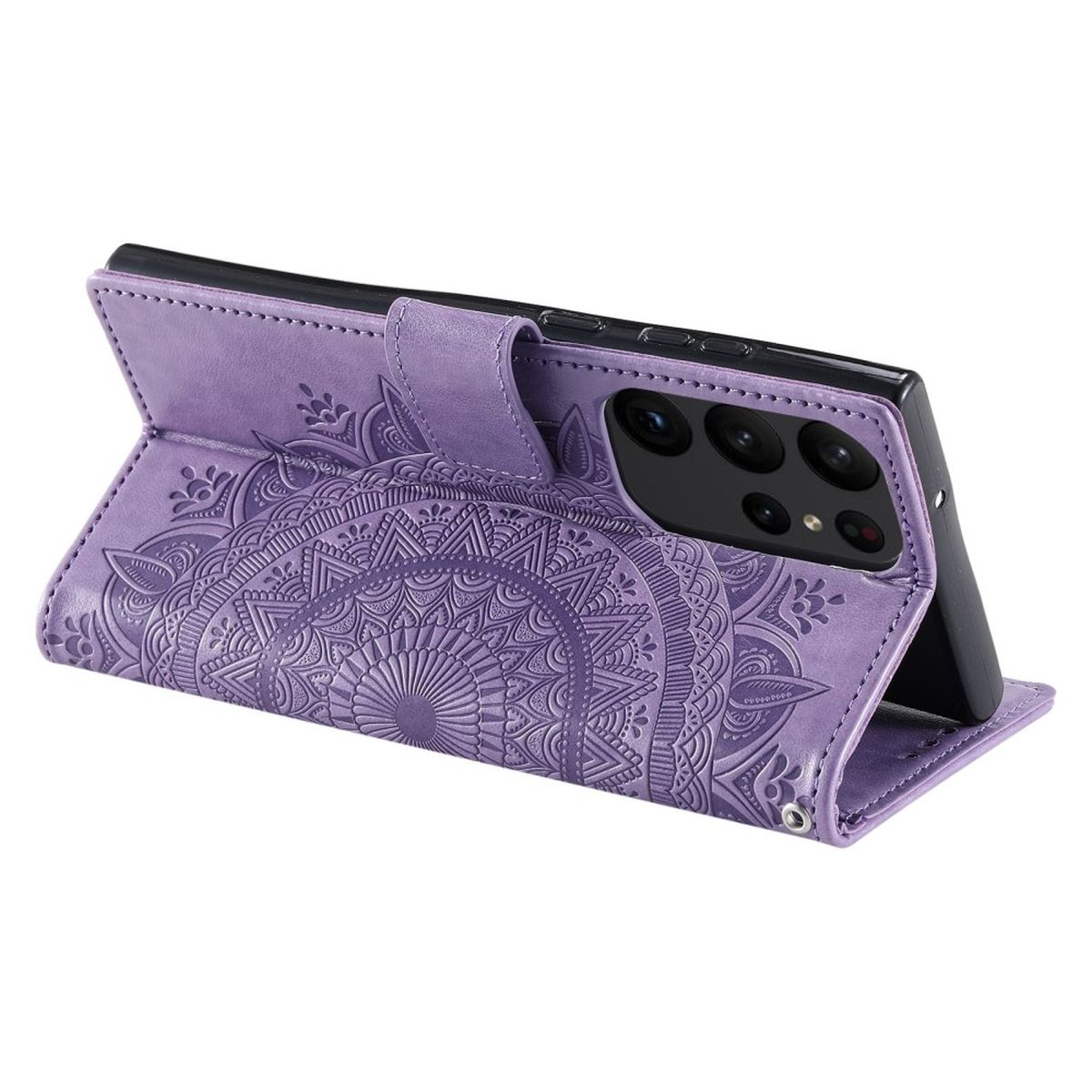 Lila Handyhülle mit Mandala-Design, geöffnet, um das Telefon anzuzeigen.