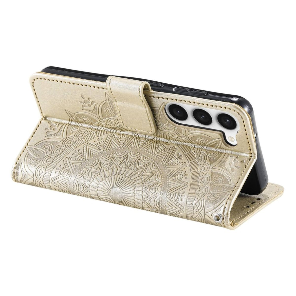 Goldene Handyhülle, geöffnet, mit einem Telefon mit Mandala-Design. Die Hülle steht aufrecht.