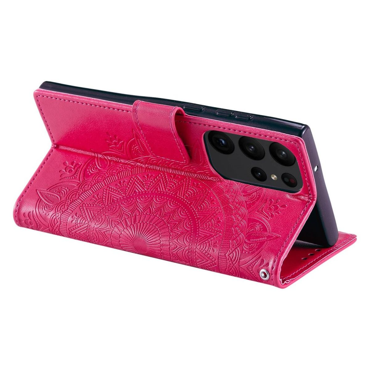 Rosa Handyhülle mit Musterdesign, hält Smartphone.