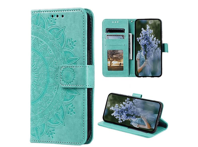 COVERKINGZ Klapphülle mit Grün Muster, S23 Ultra, Galaxy Bookcover, Mandala Samsung