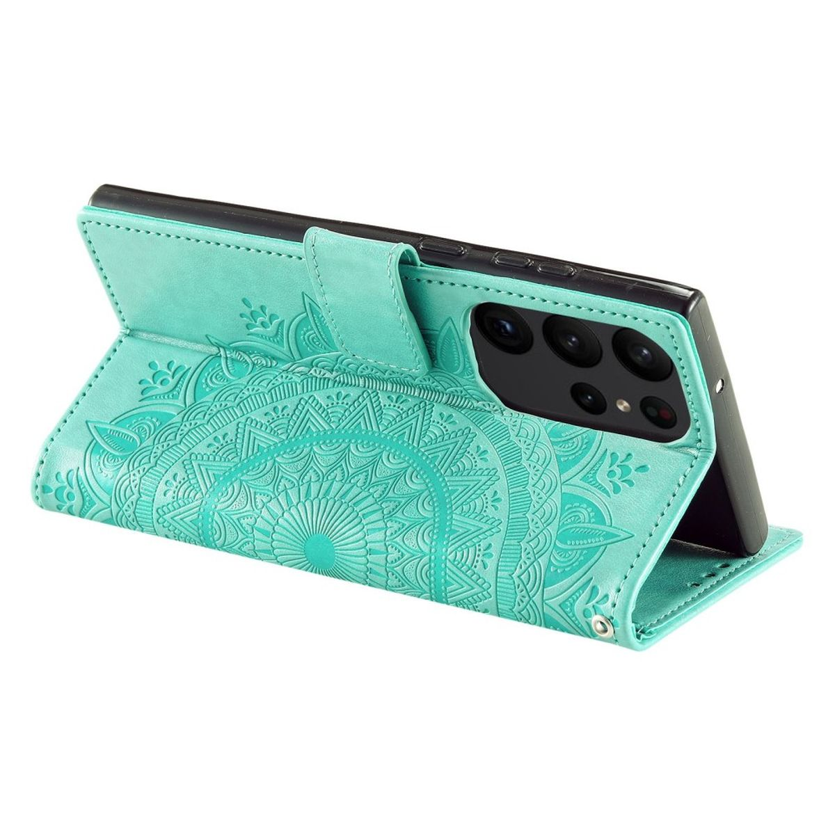 Türkisfarbene Handyhülle mit Mandala-Design. Sie ist geöffnet und zeigt ein Telefon mit mehreren Kameras.