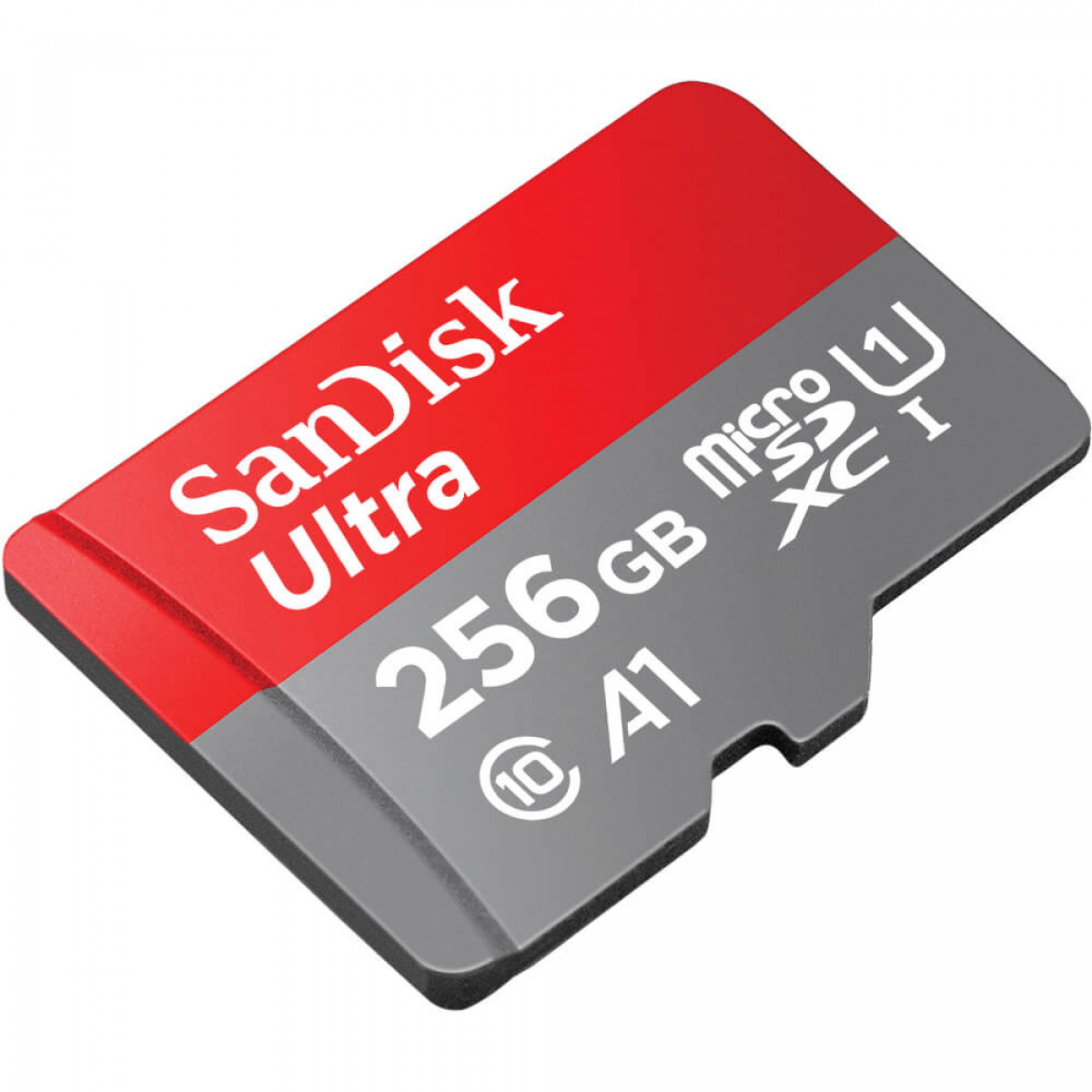 Eine rot-graue Sandisk Ultra MicroSD-Karte mit 256 GB Kapazität.