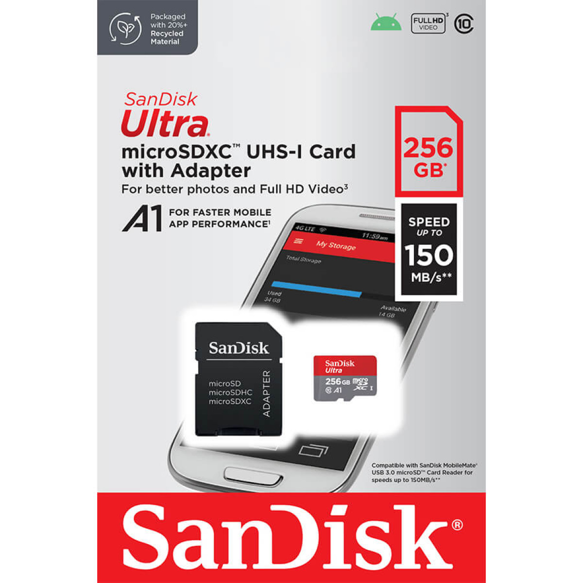 SanDisk Ultra microSDXC UHS-I Karte mit Adapter. Die Verpackung zeigt ein Telefon und Daten.