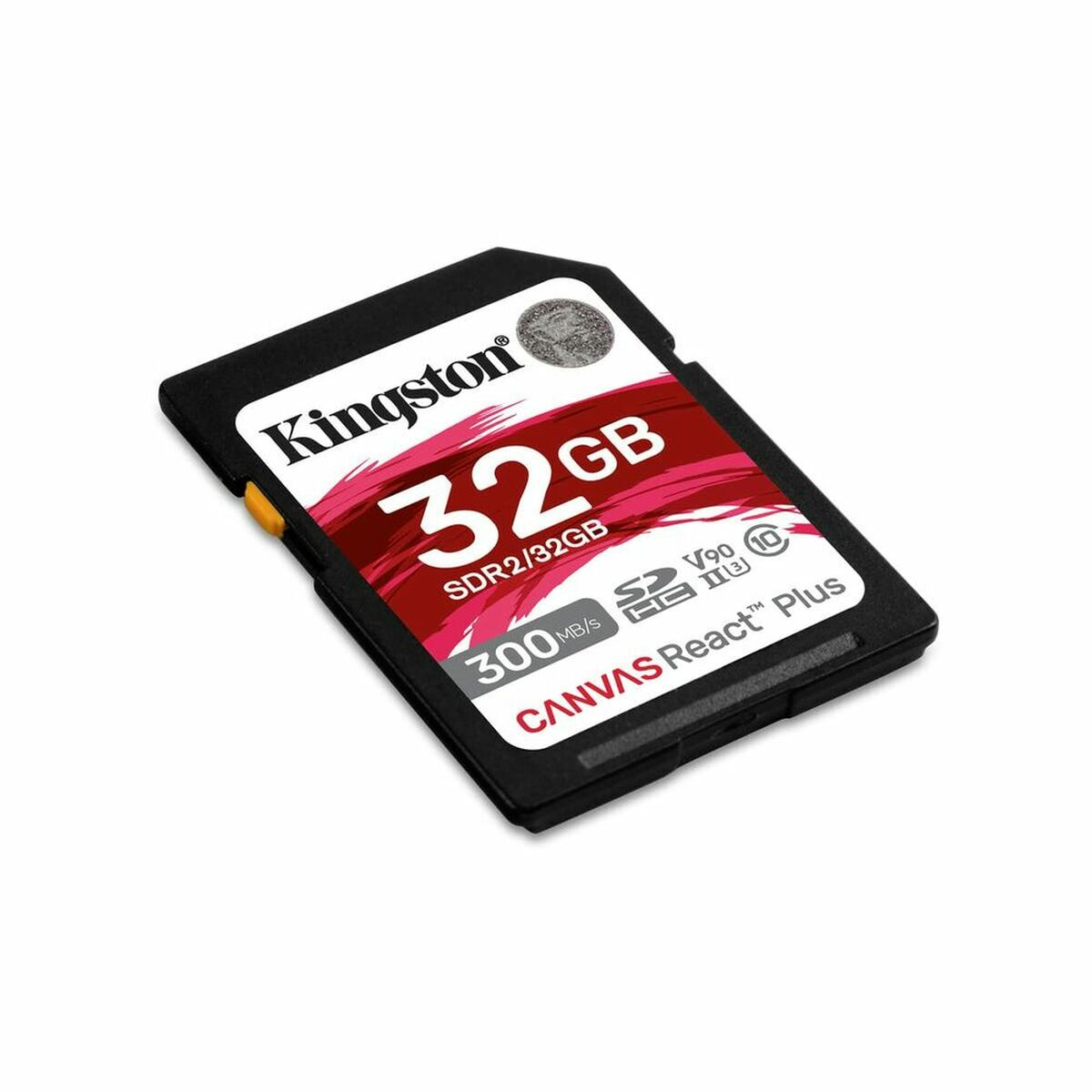 Tarjeta SD Kingston negra de 32 GB con etiqueta roja y blanca. Texto: '32GB'.