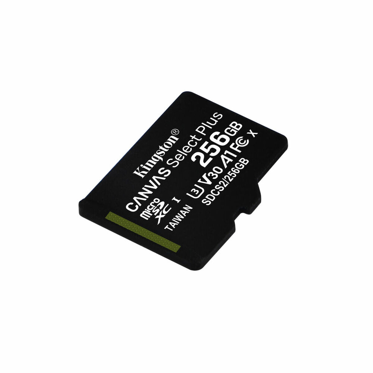 Schwarze Kingston 256GB Micro-SD-Karte auf Weiß. Karte ist mit Kingston und Kapazität beschriftet.