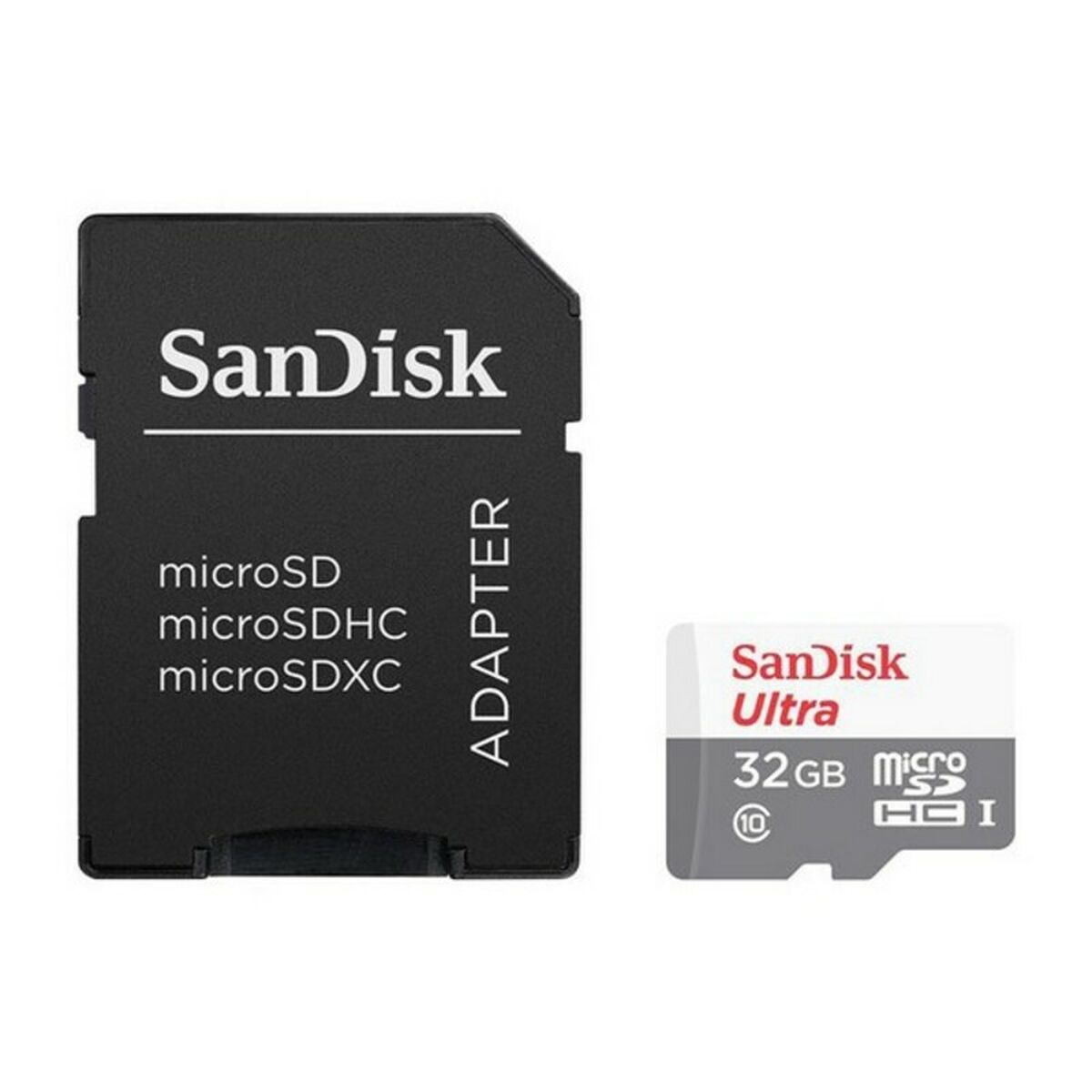 Scheda microSD Sandisk e adattatore. La scheda è Ultra 32GB. Isolato su sfondo bianco.