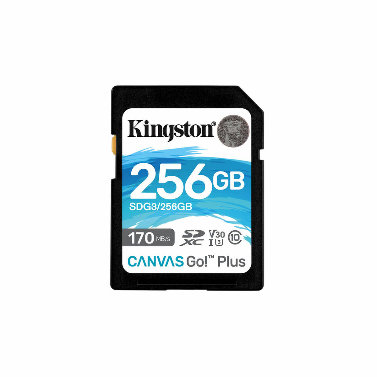 Tarjeta SD Kingston 256GB con múltiples etiquetas, sobre fondo blanco.