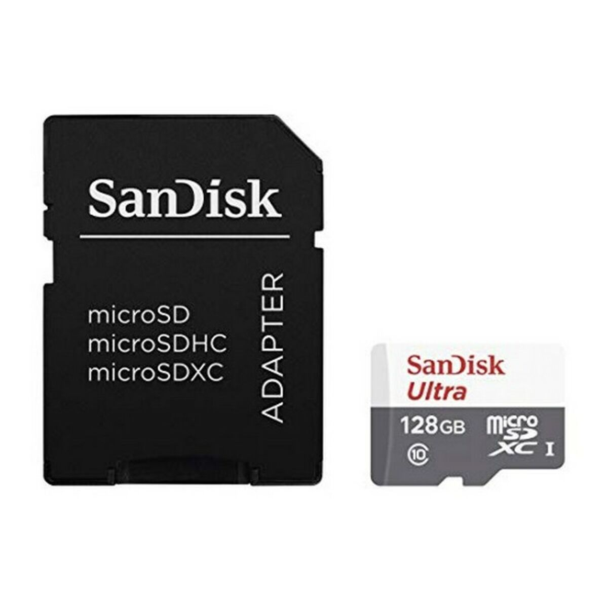 Adattatore per scheda SD nero e una scheda microSD SanDisk Ultra.