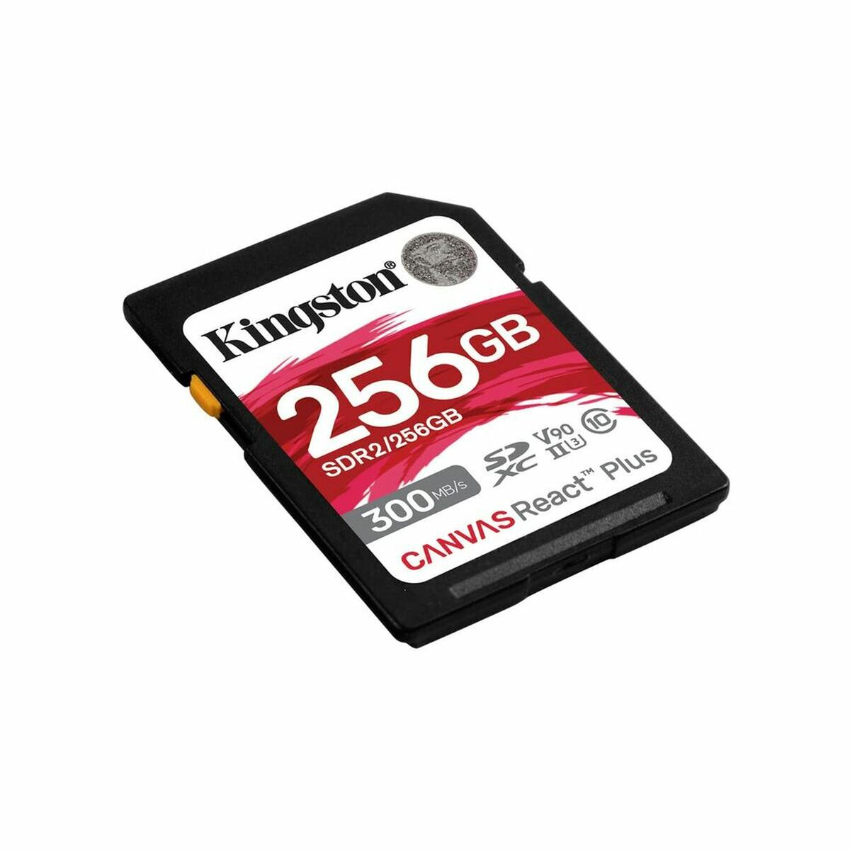 Tarjeta SD Kingston de 256 GB negra con texto blanco y rojo, y una pestaña amarilla.