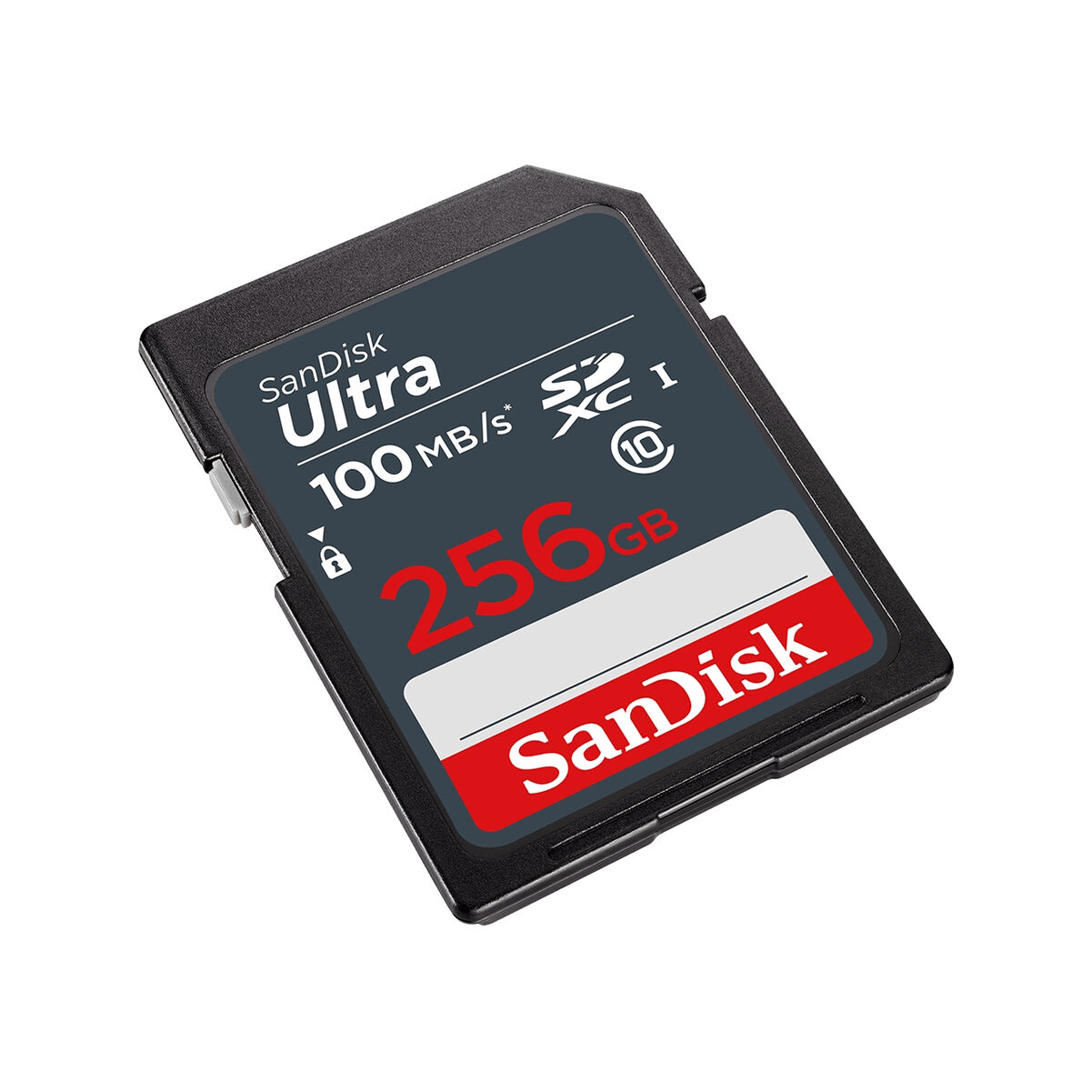 Sandisk Ultra 256GB SD-Karte mit schwarzem und rotem Text auf weißem Grund.