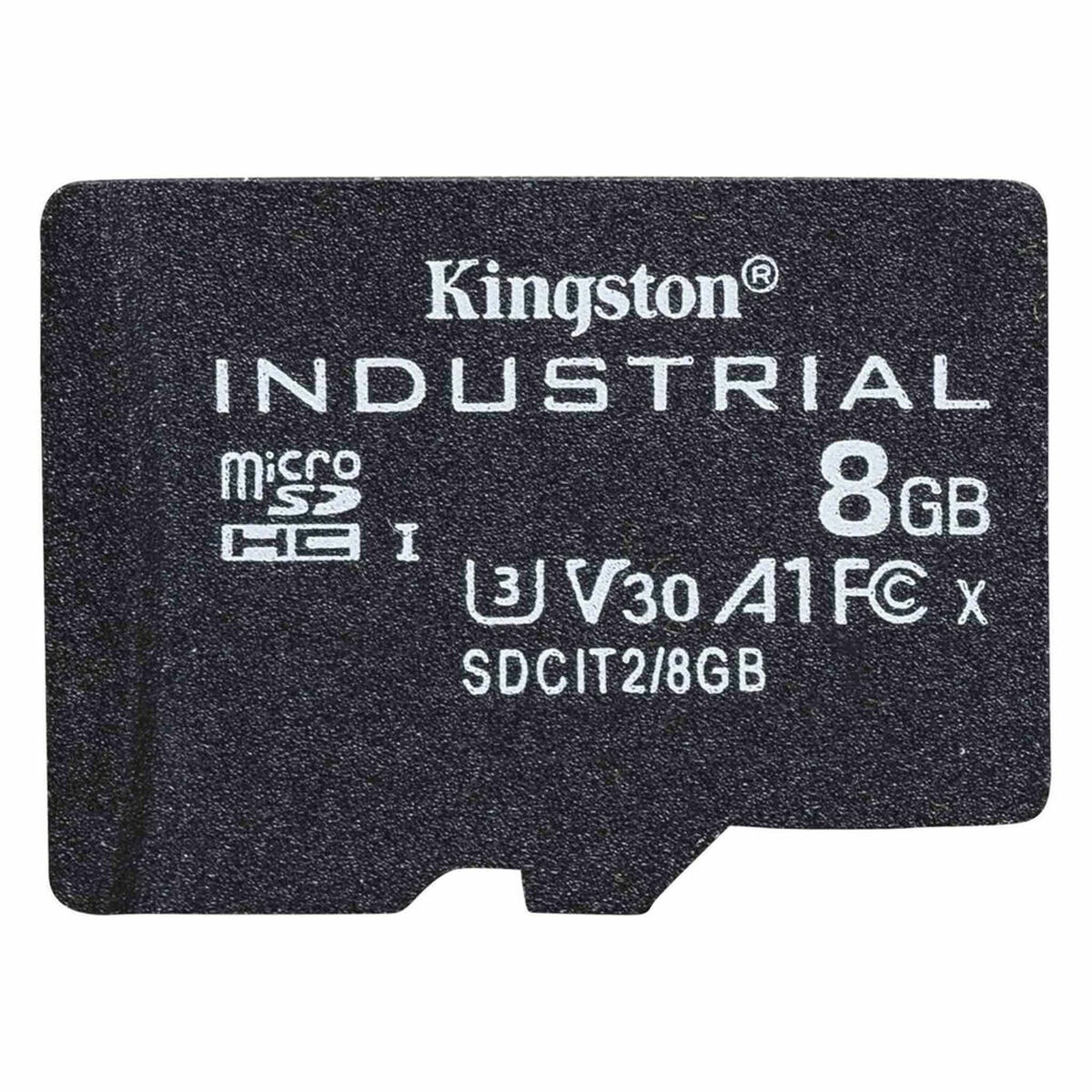 Una tarjeta micro SD Kingston Industrial negra con texto: Kingston, INDUSTRIAL, 8GB y otras especificaciones.