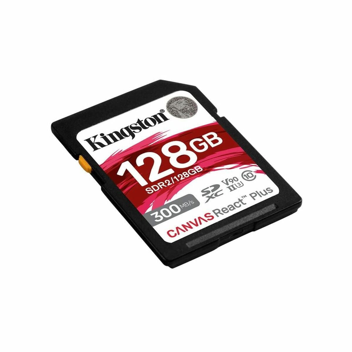 Tarjeta SD negra Kingston de 128 GB, etiqueta roja y blanca, sobre fondo blanco.