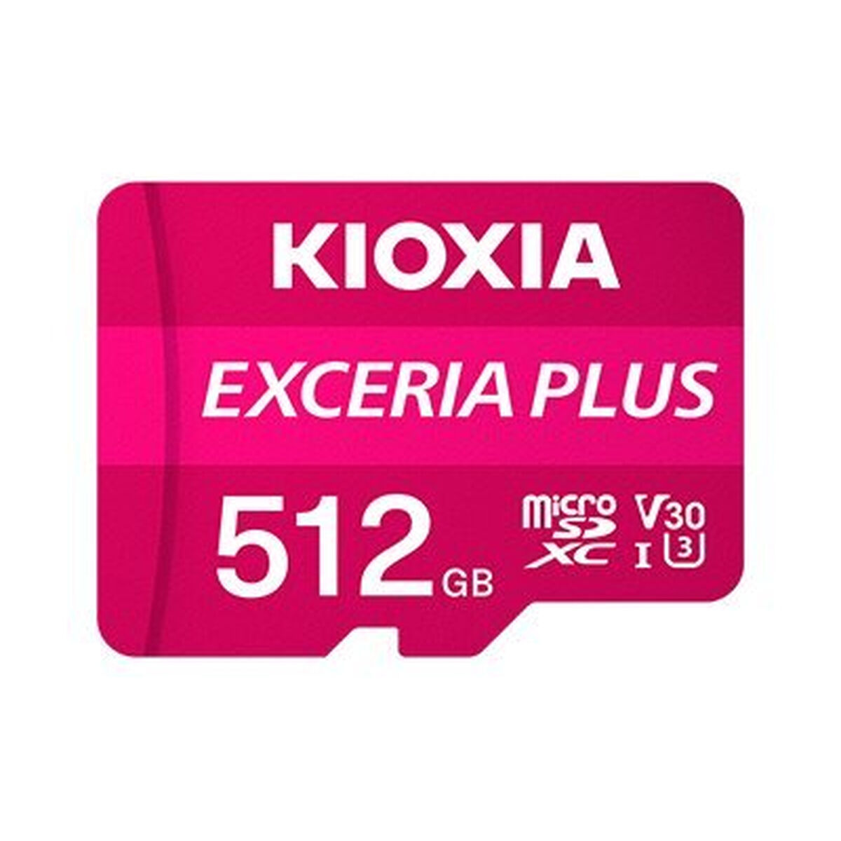 Una scheda microSD KIOXIA rosa e bianca da 512 GB su sfondo bianco. La scheda è etichettata.