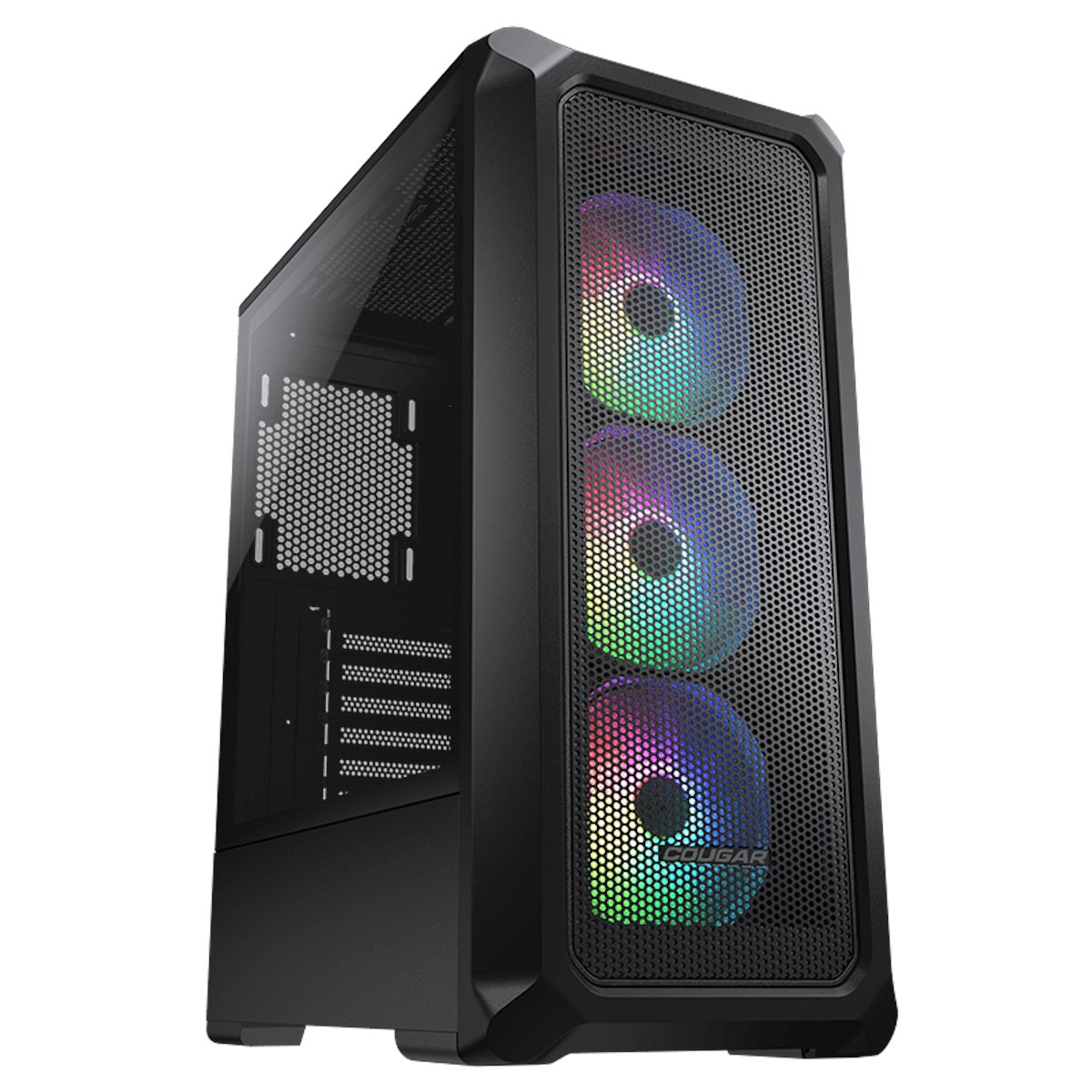 Una caja de computadora negra con frontal de malla y ventiladores RGB coloridos.