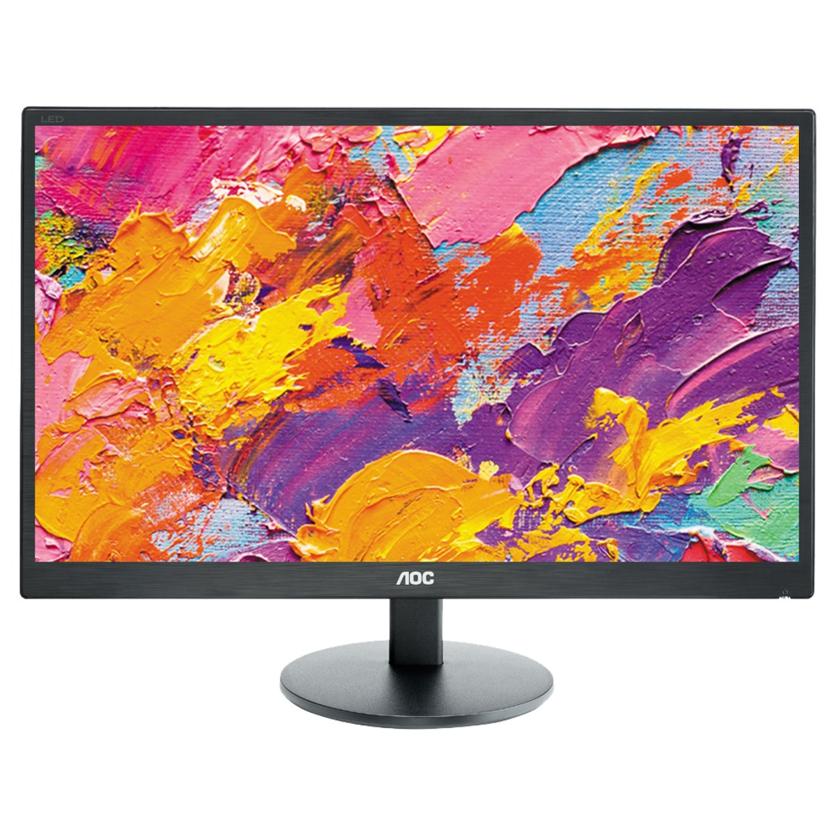 Un monitor AOC negro que muestra una pintura abstracta colorida. Tiene un soporte negro.