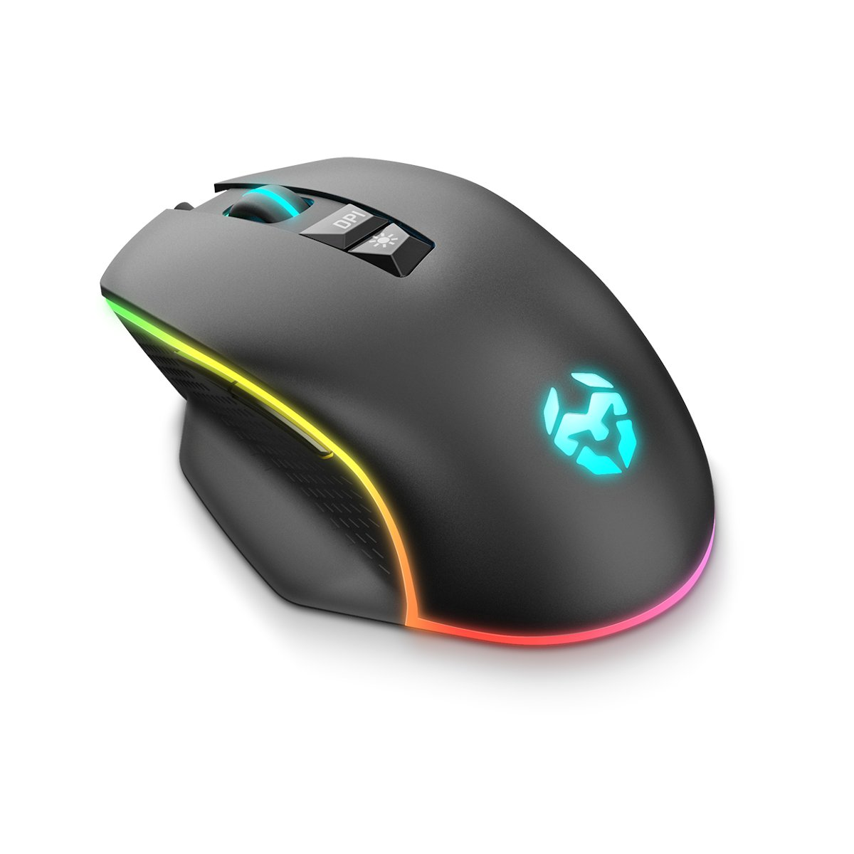Un ratón gaming negro con luces RGB y un botón para ajustar los DPI.