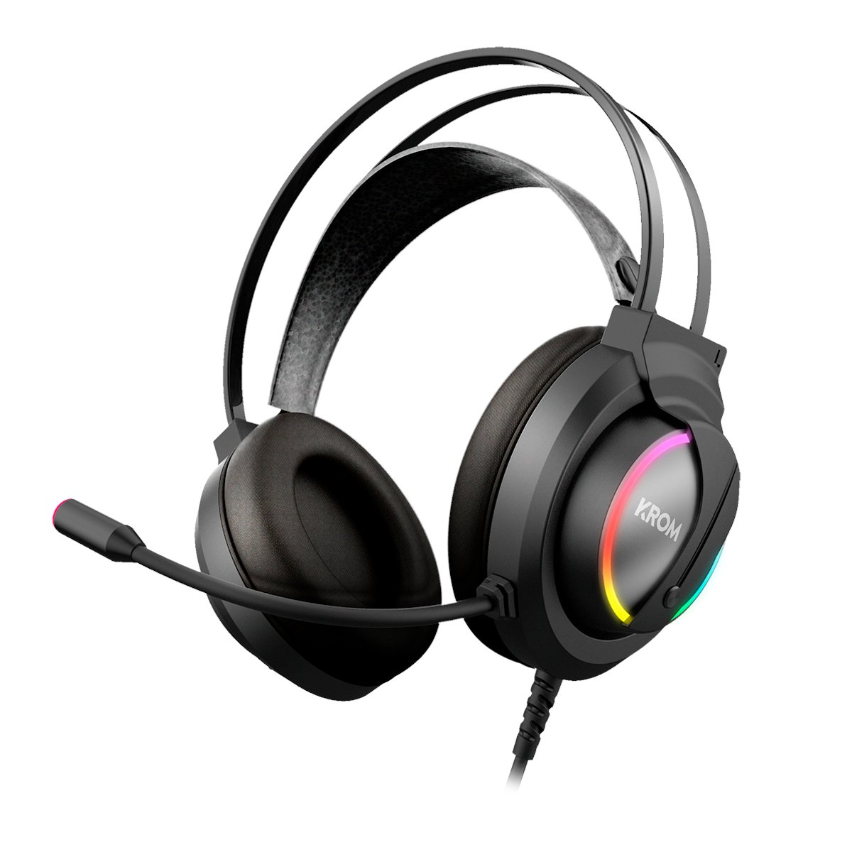 Auriculares KROM negros con micrófono, con luces coloridas en los auriculares.