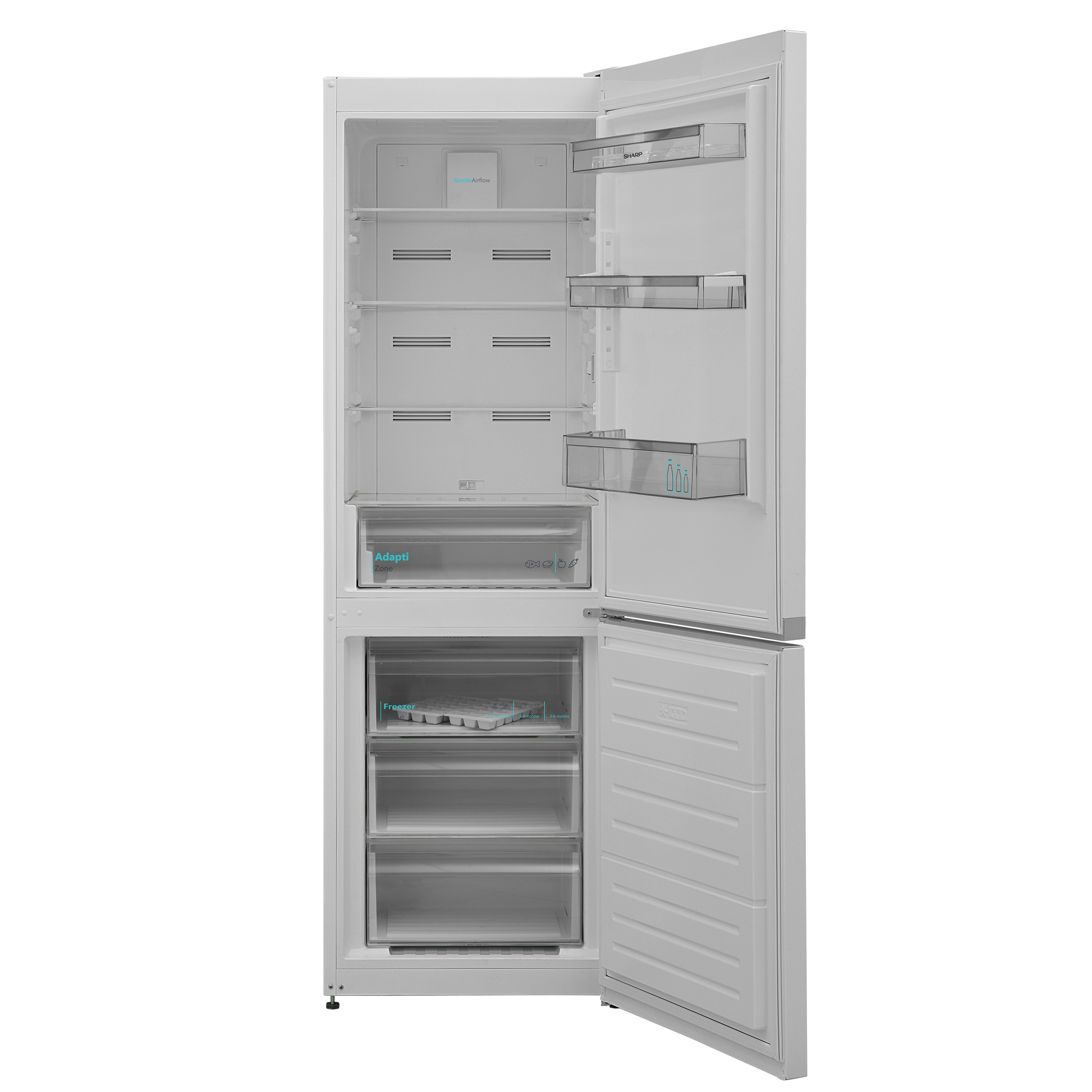 Weißer offener Kühlschrank mit Regalen und Schubladen. Die Tür ist offen. Der Innenraum ist weiß.